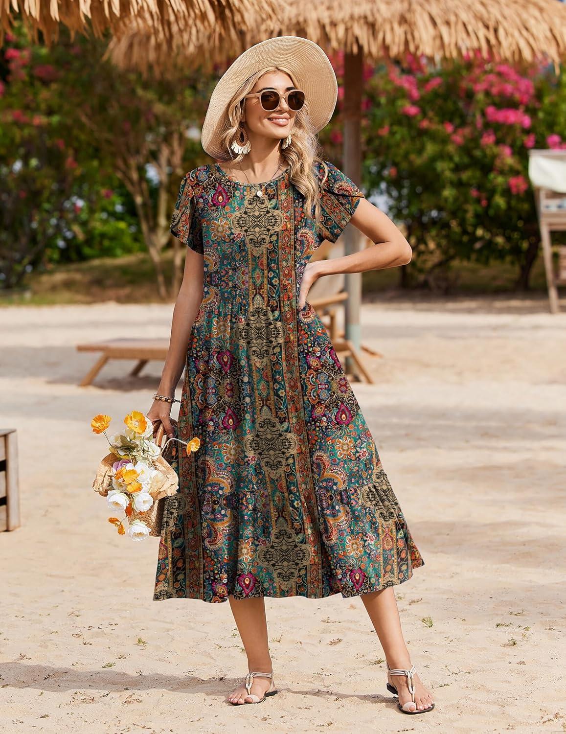 imageZeagoo Women Summer Midi A Line Dress Short Sleeve Casual Flowy Tiered Beach Long Sundress with Pockets 2026 Vacation TravelMz721