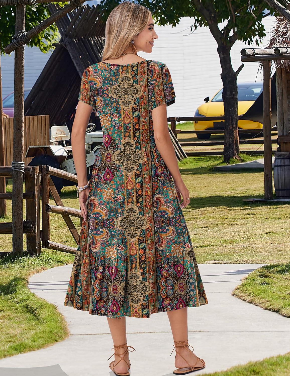 imageZeagoo Women Summer Midi A Line Dress Short Sleeve Casual Flowy Tiered Beach Long Sundress with Pockets 2026 Vacation TravelMz721