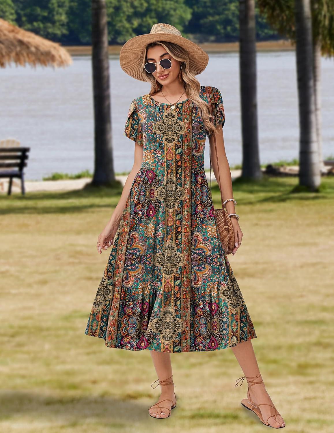 imageZeagoo Women Summer Midi A Line Dress Short Sleeve Casual Flowy Tiered Beach Long Sundress with Pockets 2026 Vacation TravelMz721