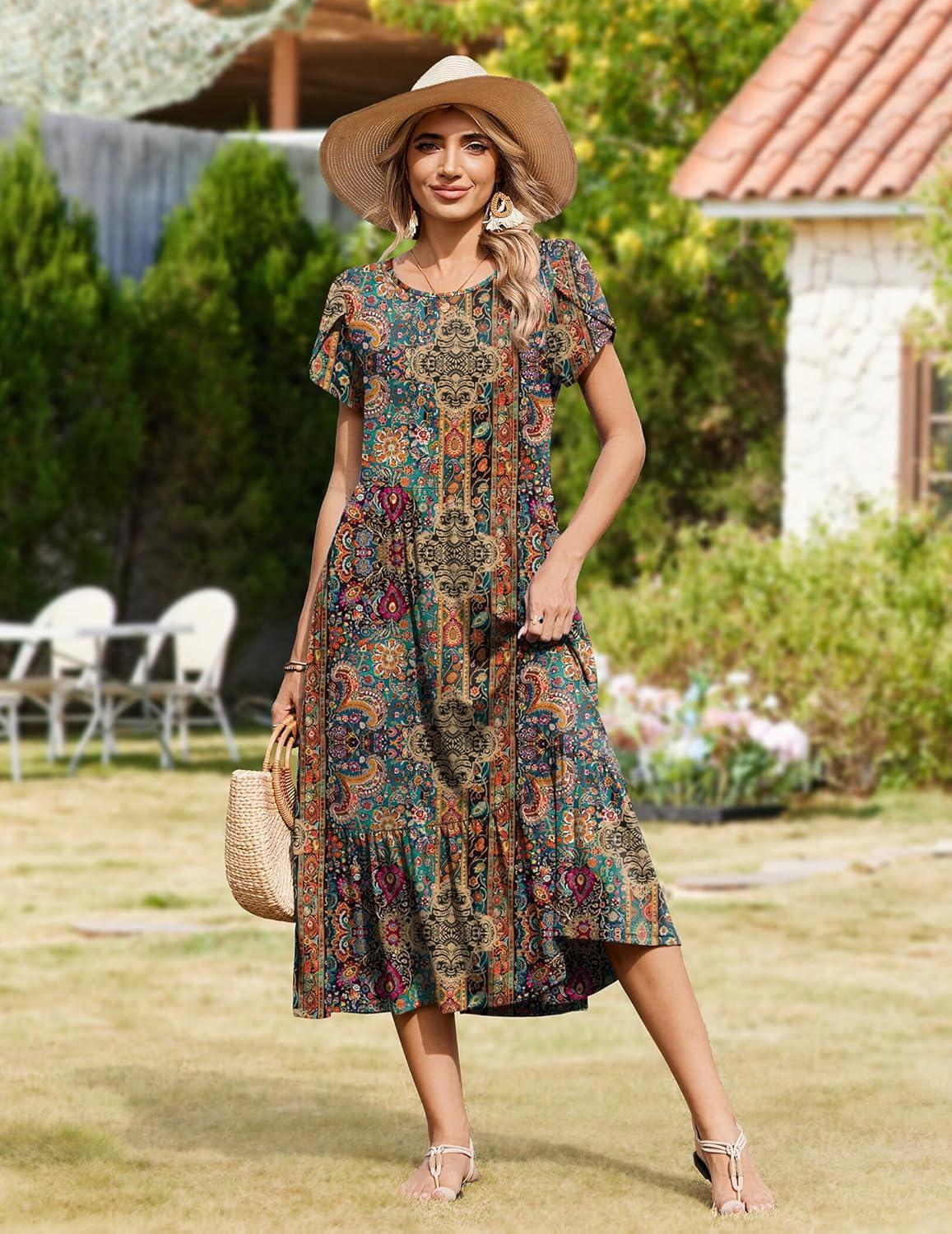 imageZeagoo Women Summer Midi A Line Dress Short Sleeve Casual Flowy Tiered Beach Long Sundress with Pockets 2026 Vacation TravelMz721