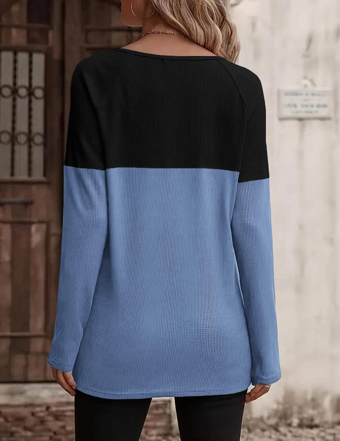 imageZeagoo Women Waffle Knit Shirts Long Sleeve Colorblock Tee Button Detail TunicsBlackblue