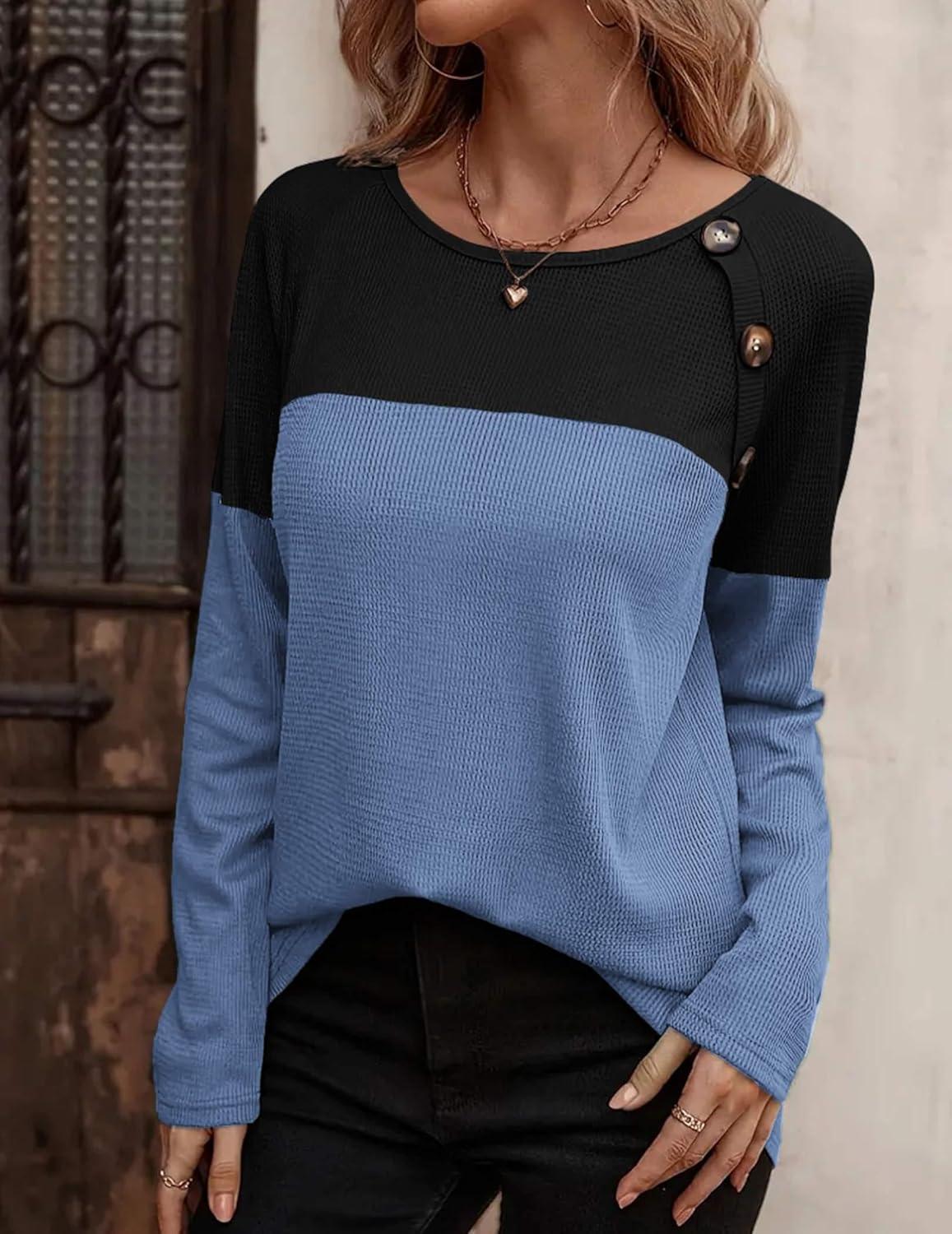 imageZeagoo Women Waffle Knit Shirts Long Sleeve Colorblock Tee Button Detail TunicsBlackblue