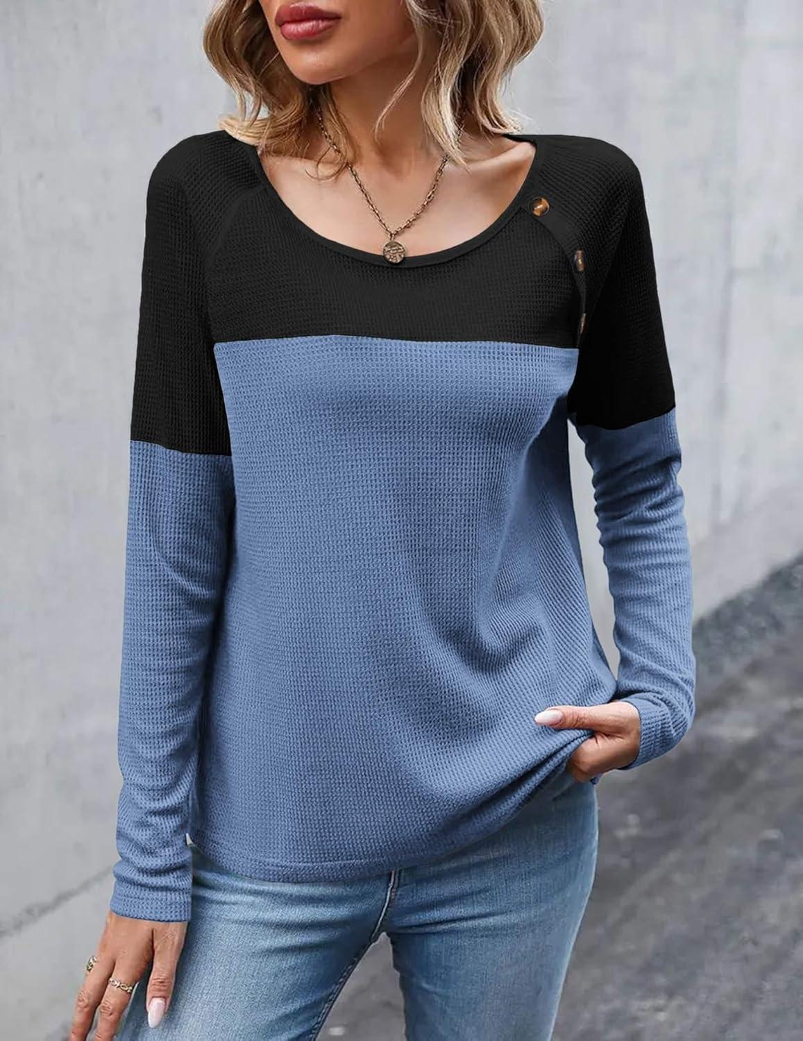 imageZeagoo Women Waffle Knit Shirts Long Sleeve Colorblock Tee Button Detail TunicsBlackblue
