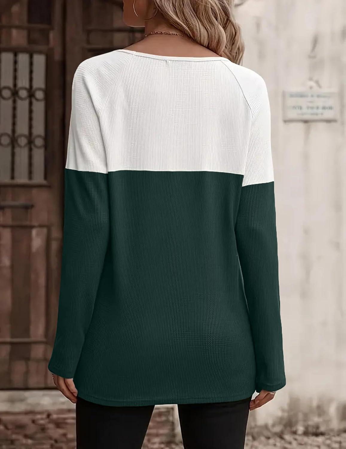imageZeagoo Women Waffle Knit Shirts Long Sleeve Colorblock Tee Button Detail TunicsDeep Green