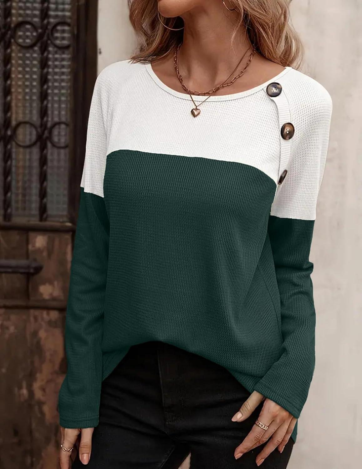 imageZeagoo Women Waffle Knit Shirts Long Sleeve Colorblock Tee Button Detail TunicsDeep Green