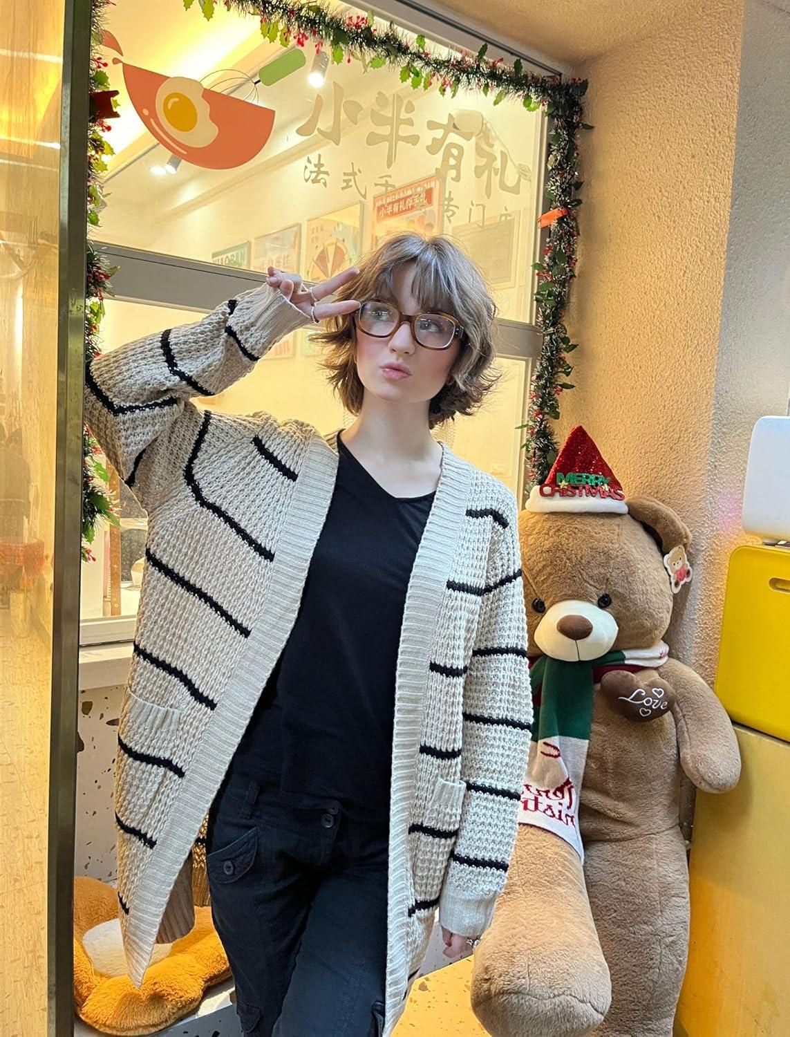 imageZeagoo Womens 2025 Fall Open Front Cardigan Long Batwing Sleeve Chunky Knit Sweater Loose Outerwear Coats with PocketsStripes Apricot
