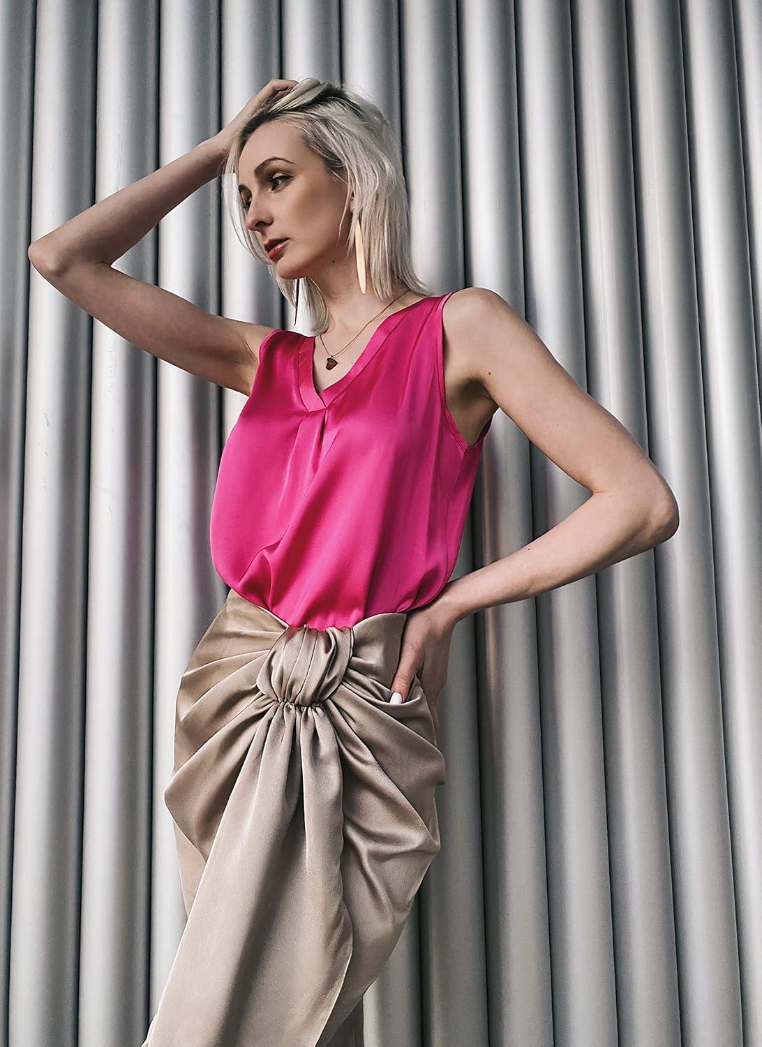 imageZeagoo Womens 2025 Silk Satin Tank Tops V Neck Casual Cami Sleeveless Camisole Blouses Summer Basic Tank Shirt Rose Red