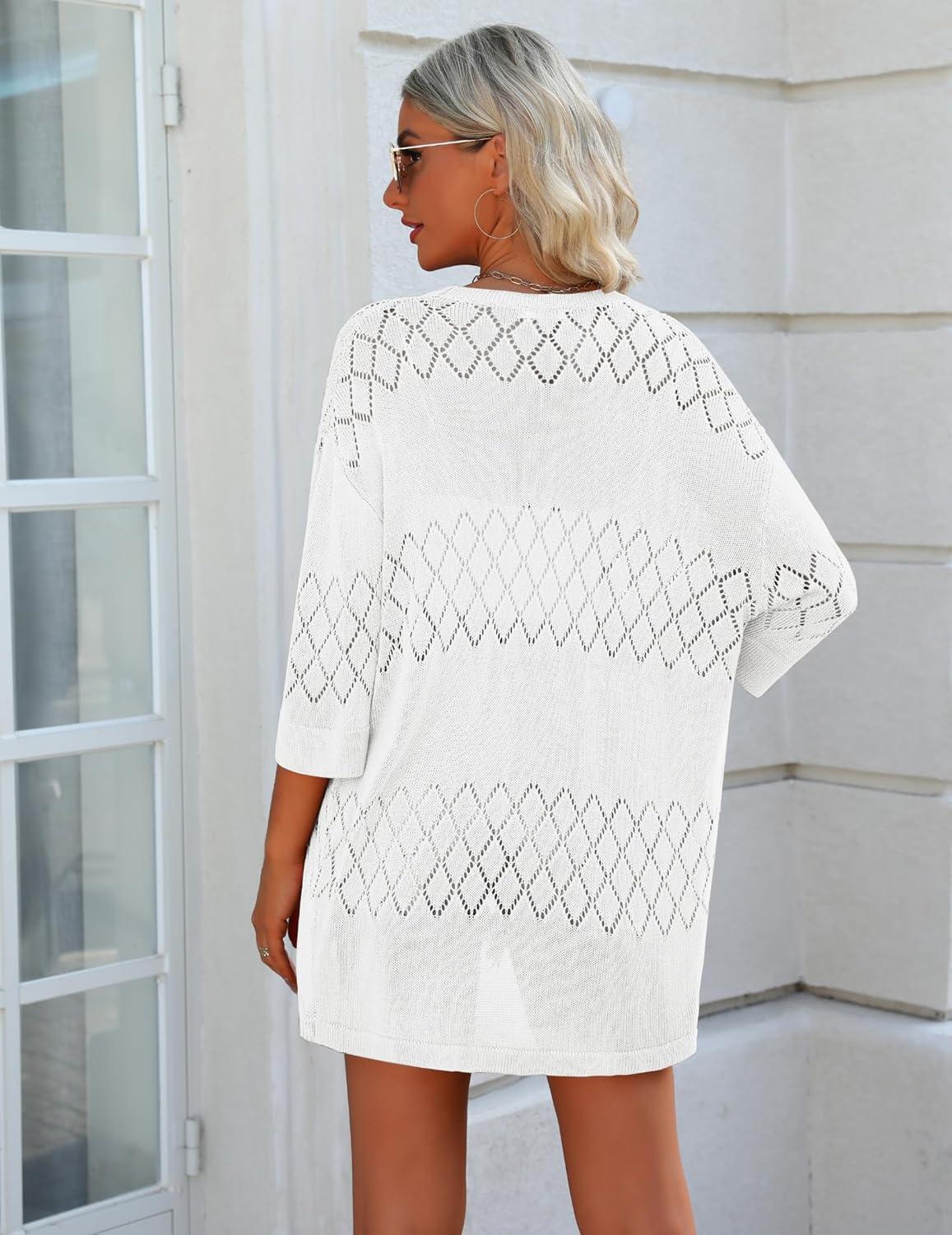 imageZeagoo Womens 2026 Lightweight Crochet Cardigan Sweaters Open Front 34 Sleeve Knit Kimono Summer Boho Cover UpAwhite
