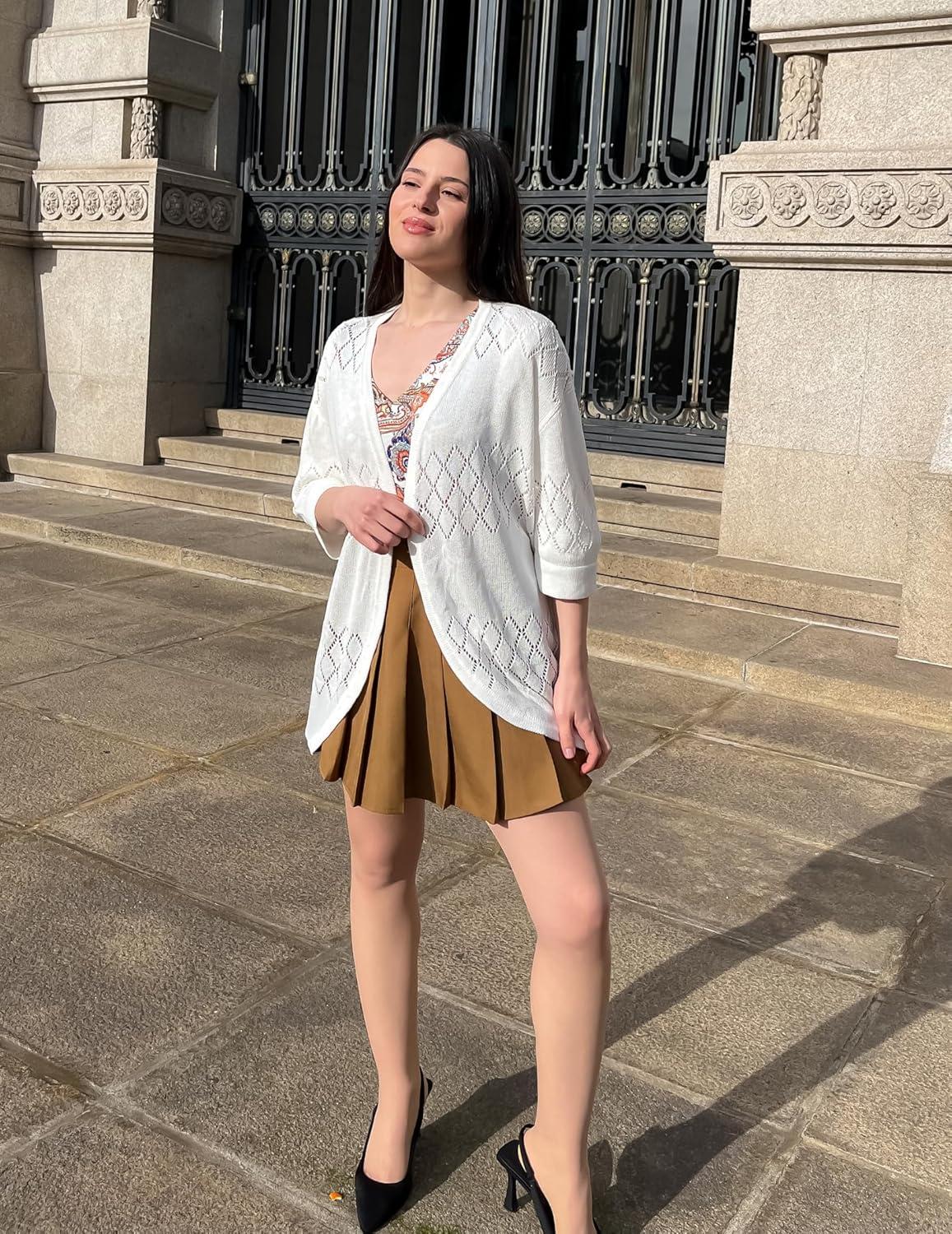 imageZeagoo Womens 2026 Lightweight Crochet Cardigan Sweaters Open Front 34 Sleeve Knit Kimono Summer Boho Cover UpAwhite
