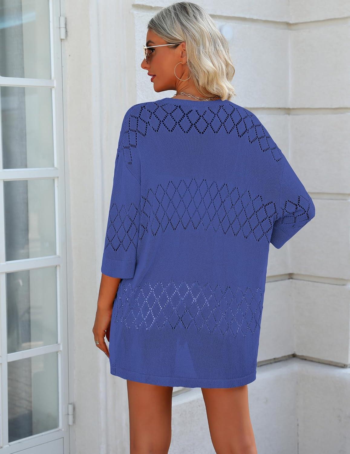 imageZeagoo Womens 2026 Lightweight Crochet Cardigan Sweaters Open Front 34 Sleeve Knit Kimono Summer Boho Cover UpBlue