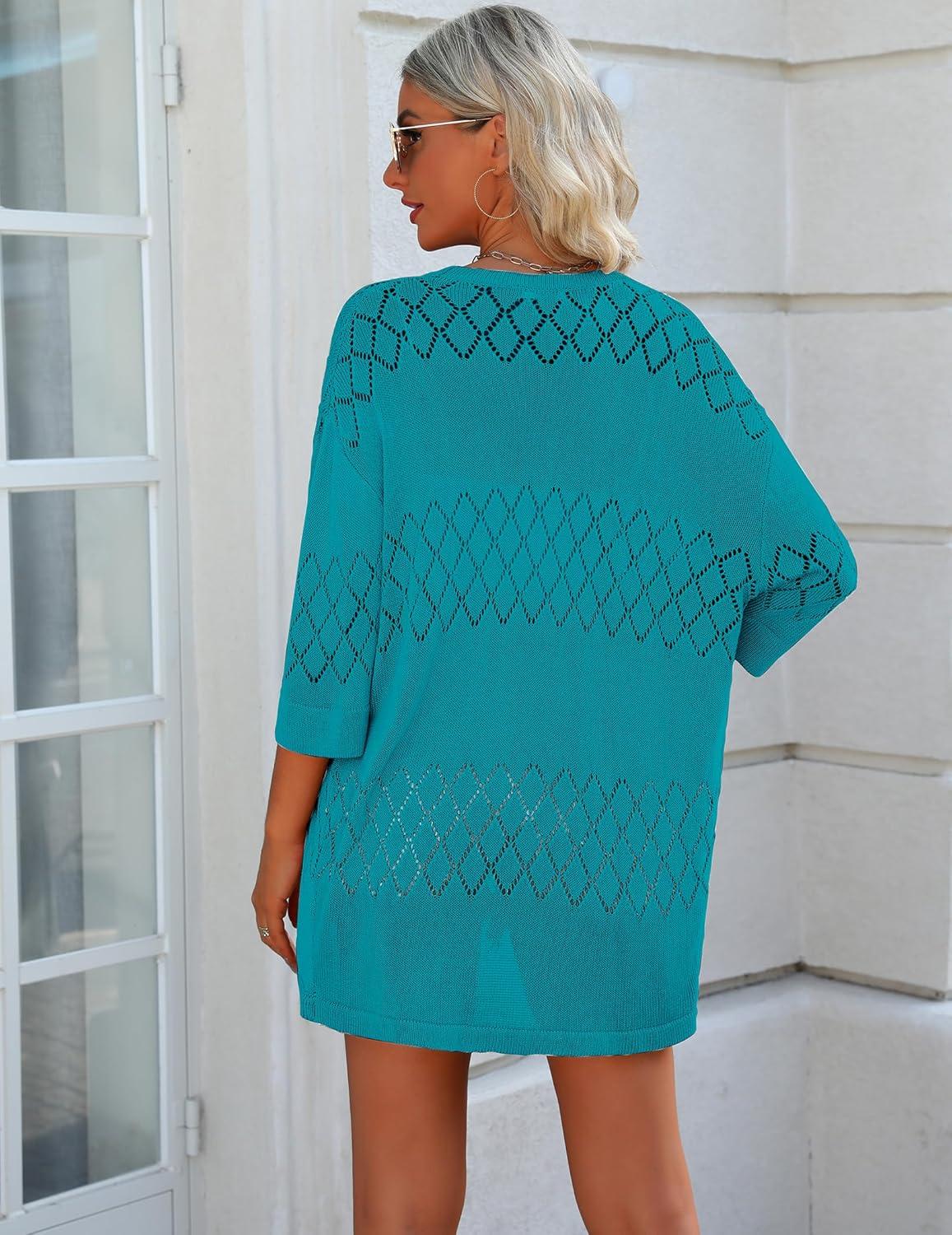 imageZeagoo Womens 2026 Lightweight Crochet Cardigan Sweaters Open Front 34 Sleeve Knit Kimono Summer Boho Cover UpTeal