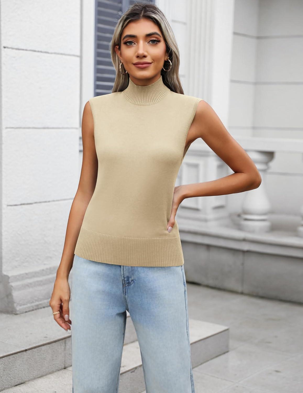 imageZeagoo Womens 2026 Mock Turtle Neck Sweater Vest Sleeveless Knit Pullover Tank Tops Casual Trendy Slim Fitted TopsApricot