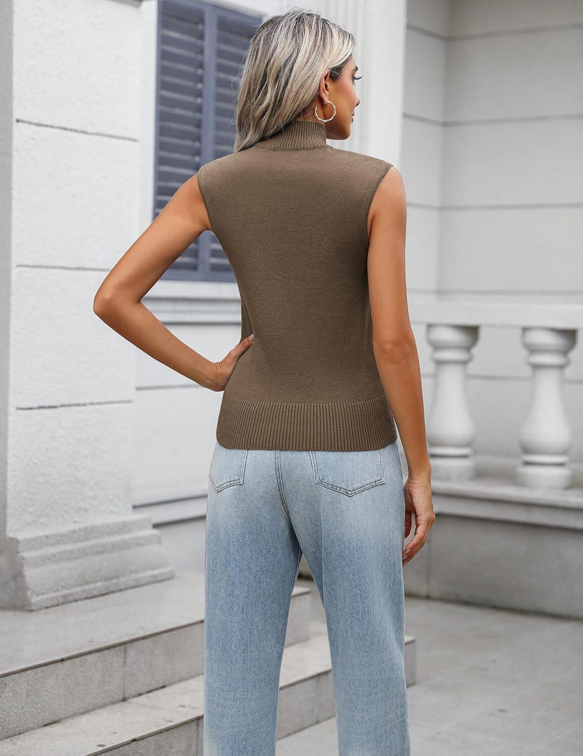 imageZeagoo Womens 2026 Mock Turtle Neck Sweater Vest Sleeveless Knit Pullover Tank Tops Casual Trendy Slim Fitted TopsBrown