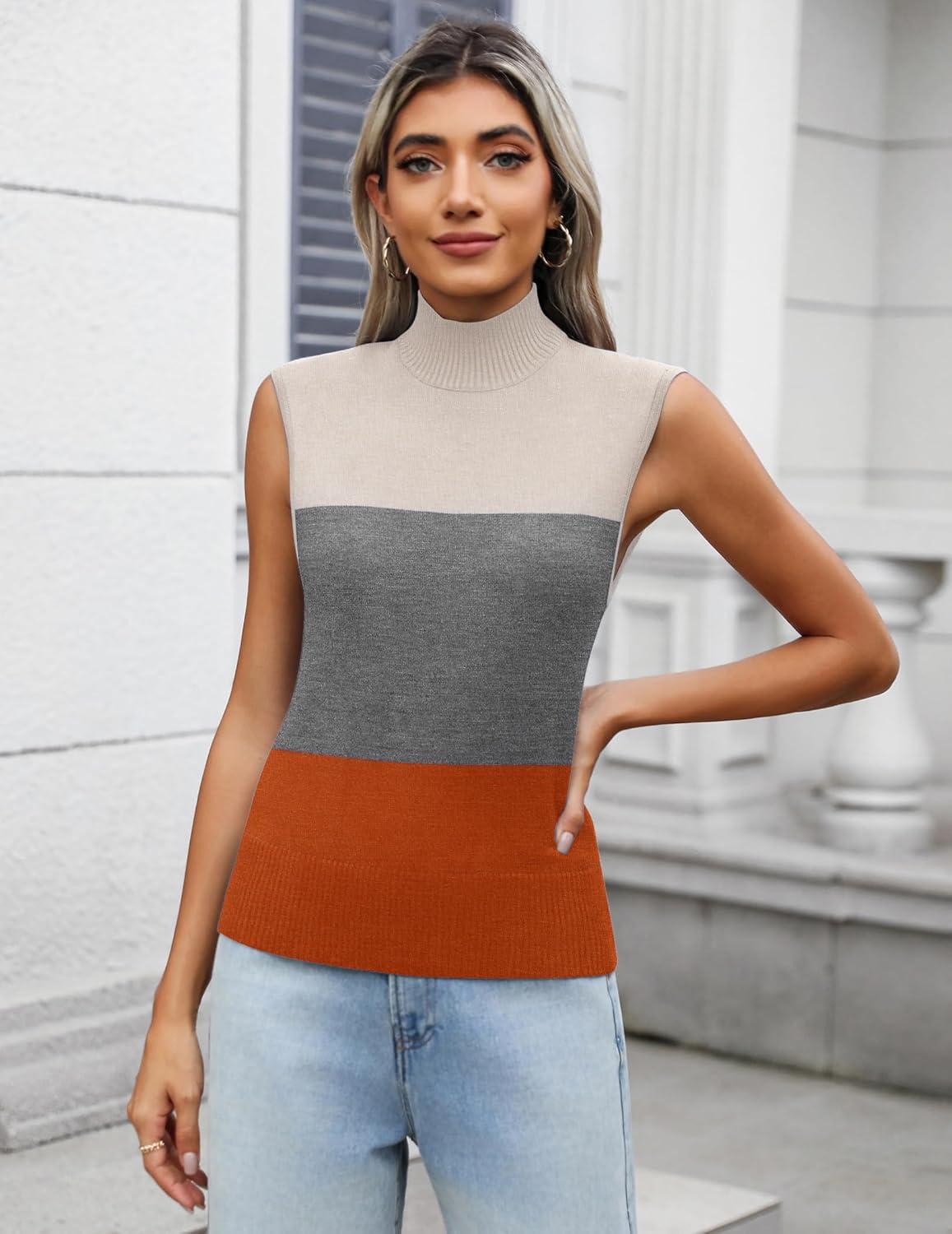 imageZeagoo Womens 2026 Mock Turtle Neck Sweater Vest Sleeveless Knit Pullover Tank Tops Casual Trendy Slim Fitted TopsCamel Block Color