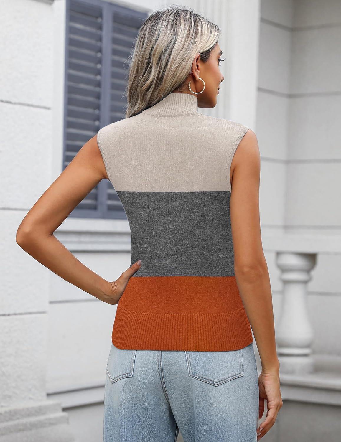 imageZeagoo Womens 2026 Mock Turtle Neck Sweater Vest Sleeveless Knit Pullover Tank Tops Casual Trendy Slim Fitted TopsCamel Block Color