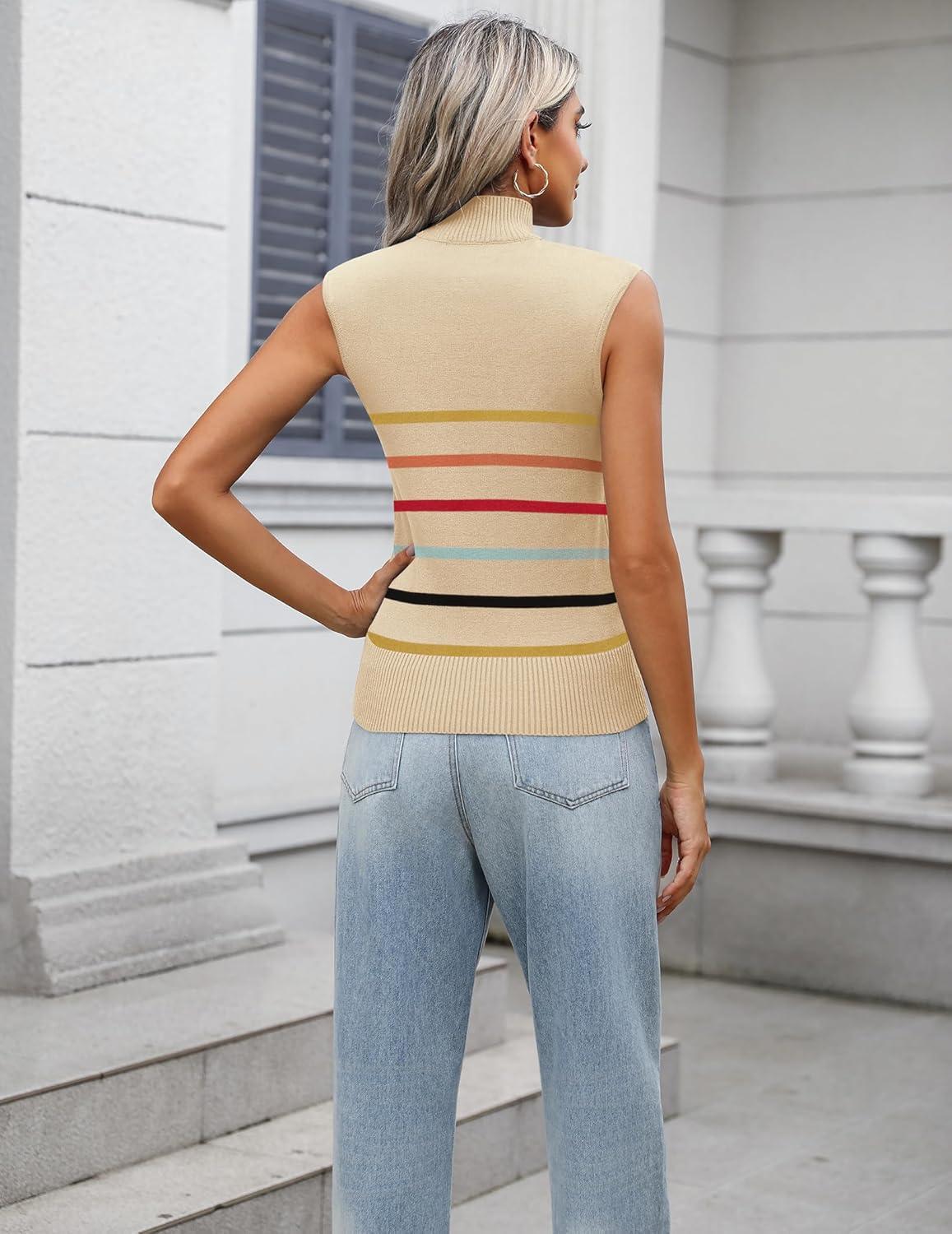 imageZeagoo Womens 2026 Mock Turtle Neck Sweater Vest Sleeveless Knit Pullover Tank Tops Casual Trendy Slim Fitted TopsColorful Stripes