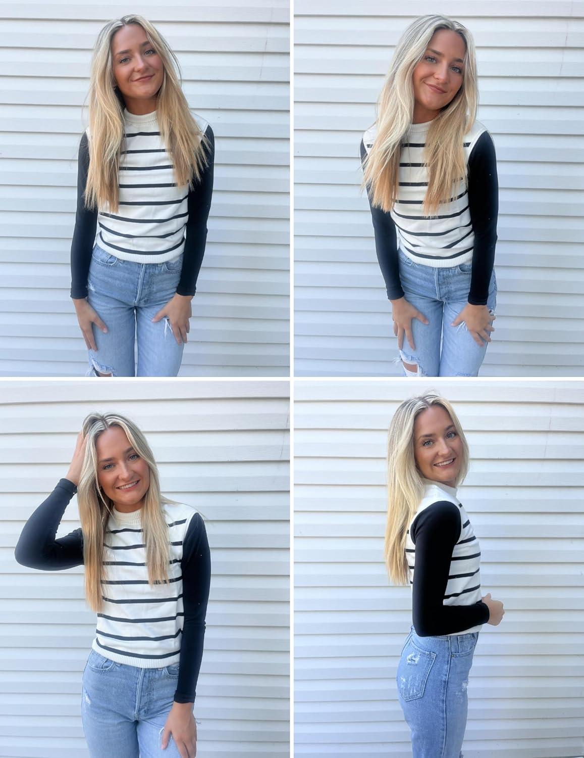 imageZeagoo Womens 2026 Mock Turtle Neck Sweater Vest Sleeveless Knit Pullover Tank Tops Casual Trendy Slim Fitted TopsStripe White