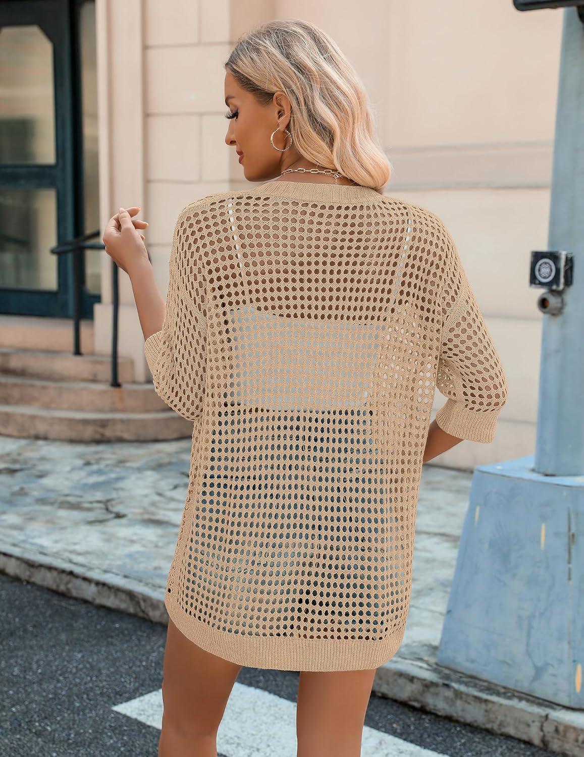 imageZeagoo Womens 2026 Summer Crochet Lightweight Cardigan Short Sleeve Boho Kimono Oversized Open Front Sweater TopsKhaki