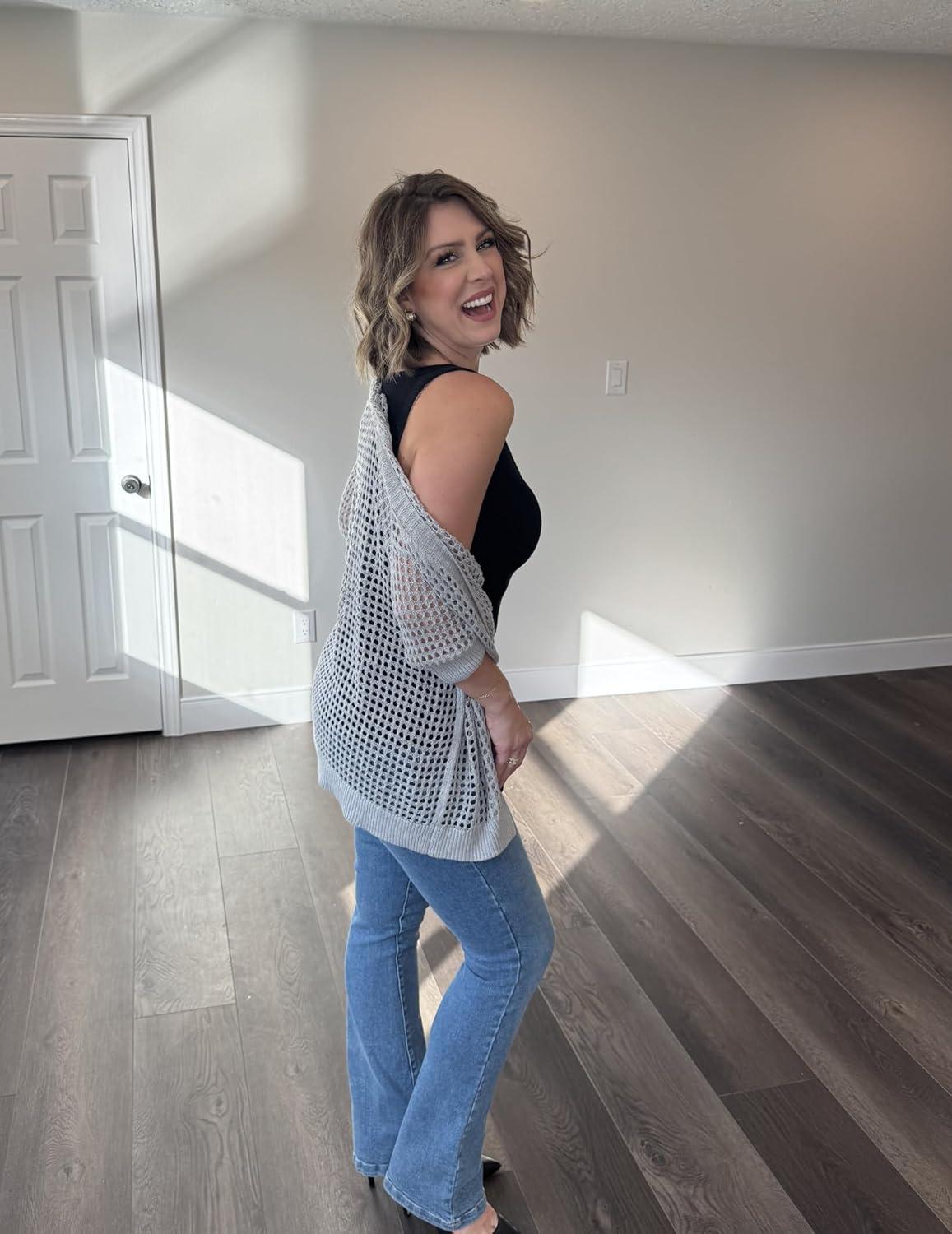 imageZeagoo Womens 2026 Summer Crochet Lightweight Cardigan Short Sleeve Boho Kimono Oversized Open Front Sweater TopsLight Grey