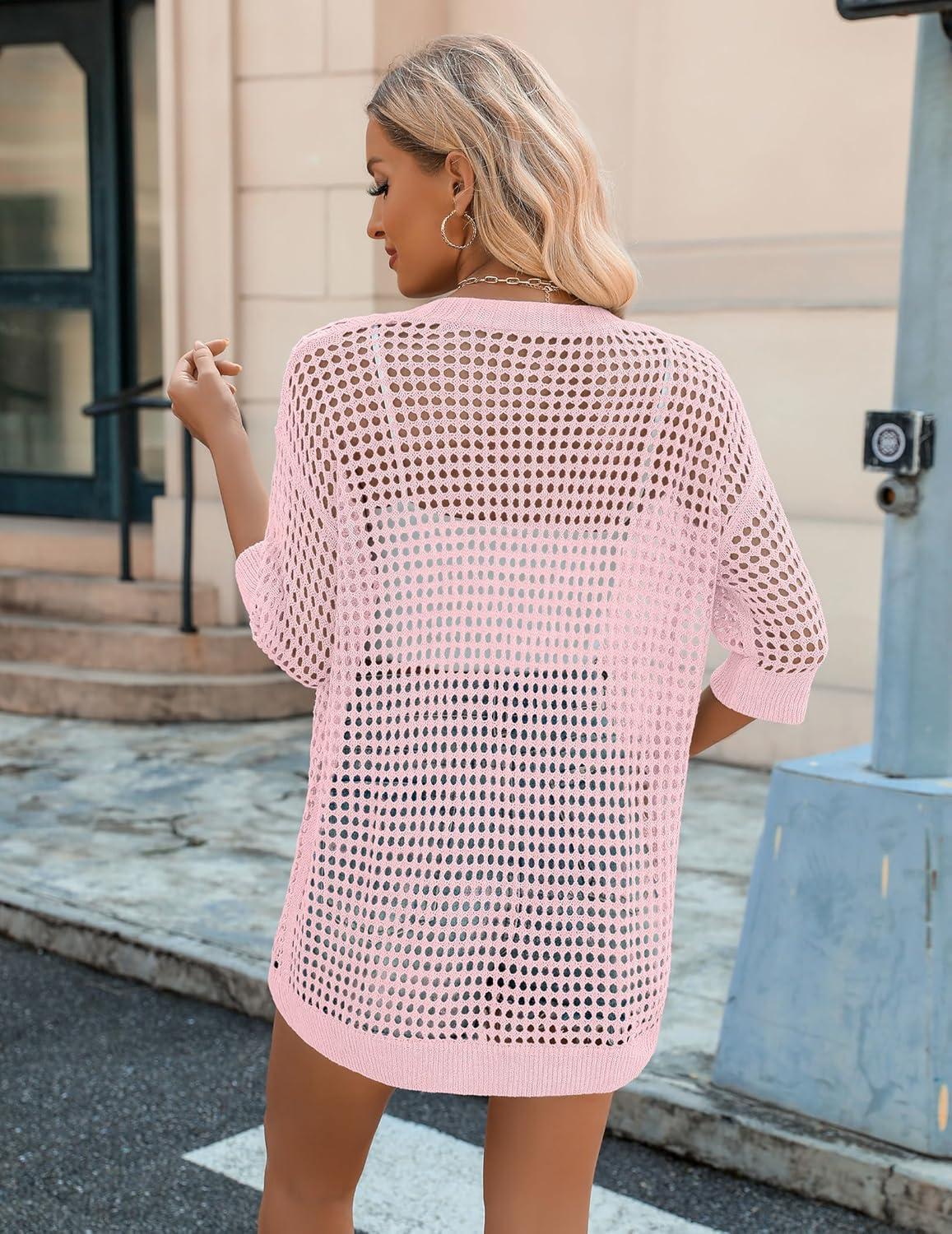 imageZeagoo Womens 2026 Summer Crochet Lightweight Cardigan Short Sleeve Boho Kimono Oversized Open Front Sweater TopsLight Pink