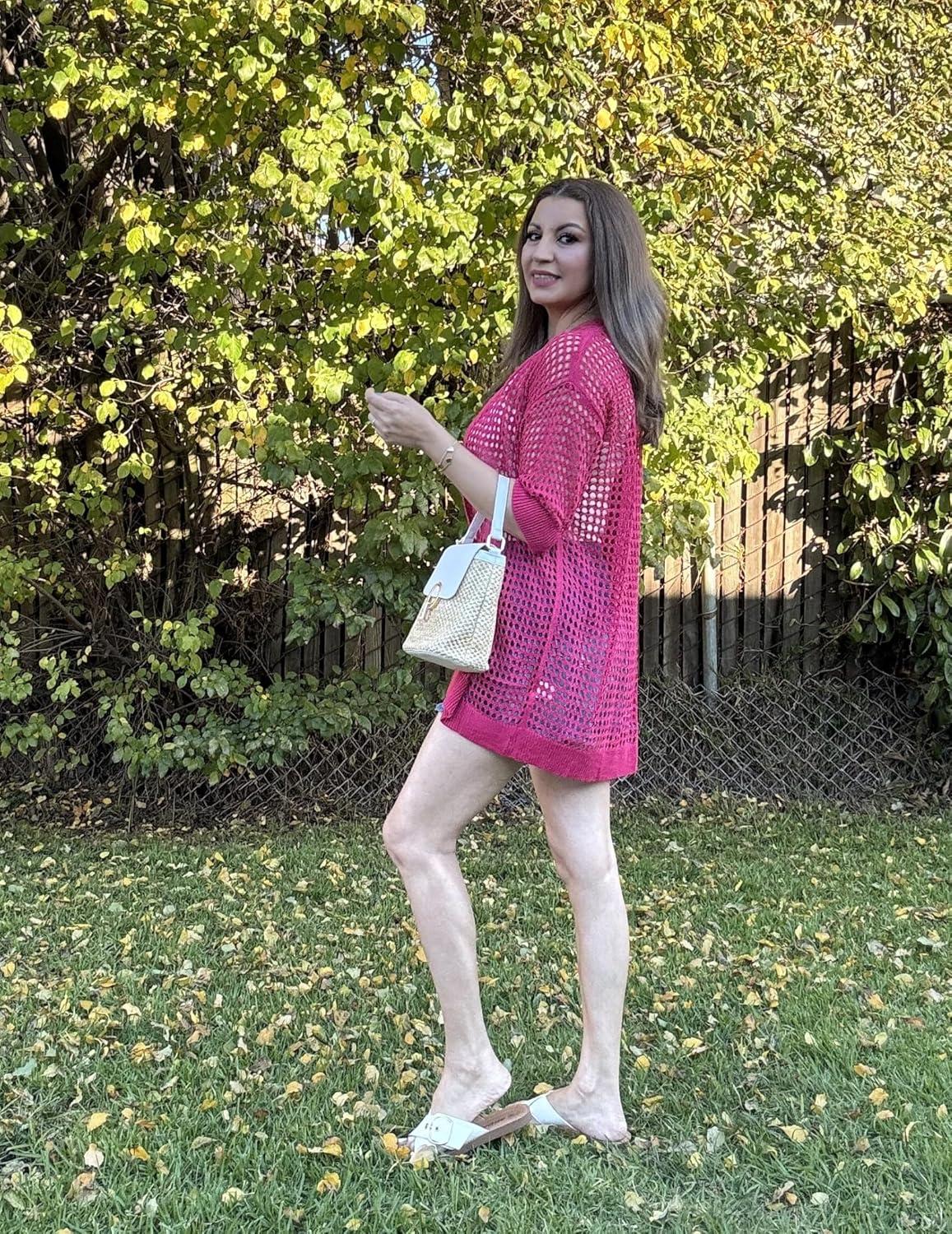 imageZeagoo Womens 2026 Summer Crochet Lightweight Cardigan Short Sleeve Boho Kimono Oversized Open Front Sweater TopsRose Red
