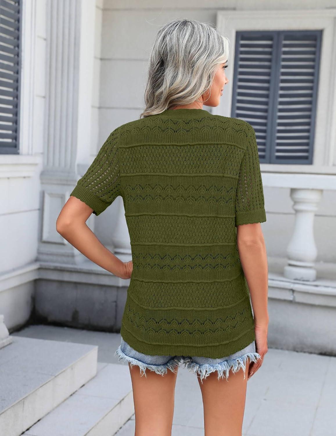 imageZeagoo Womens 2026 Summer Short Sleeve Crochet Cardigan V Neck Cropped Lightweight Button up Bolero Shrug SweaterArmy Green