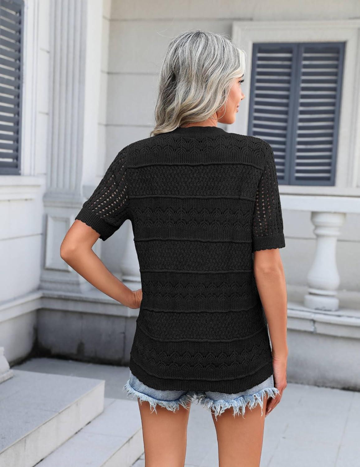 imageZeagoo Womens 2026 Summer Short Sleeve Crochet Cardigan V Neck Cropped Lightweight Button up Bolero Shrug SweaterBlack