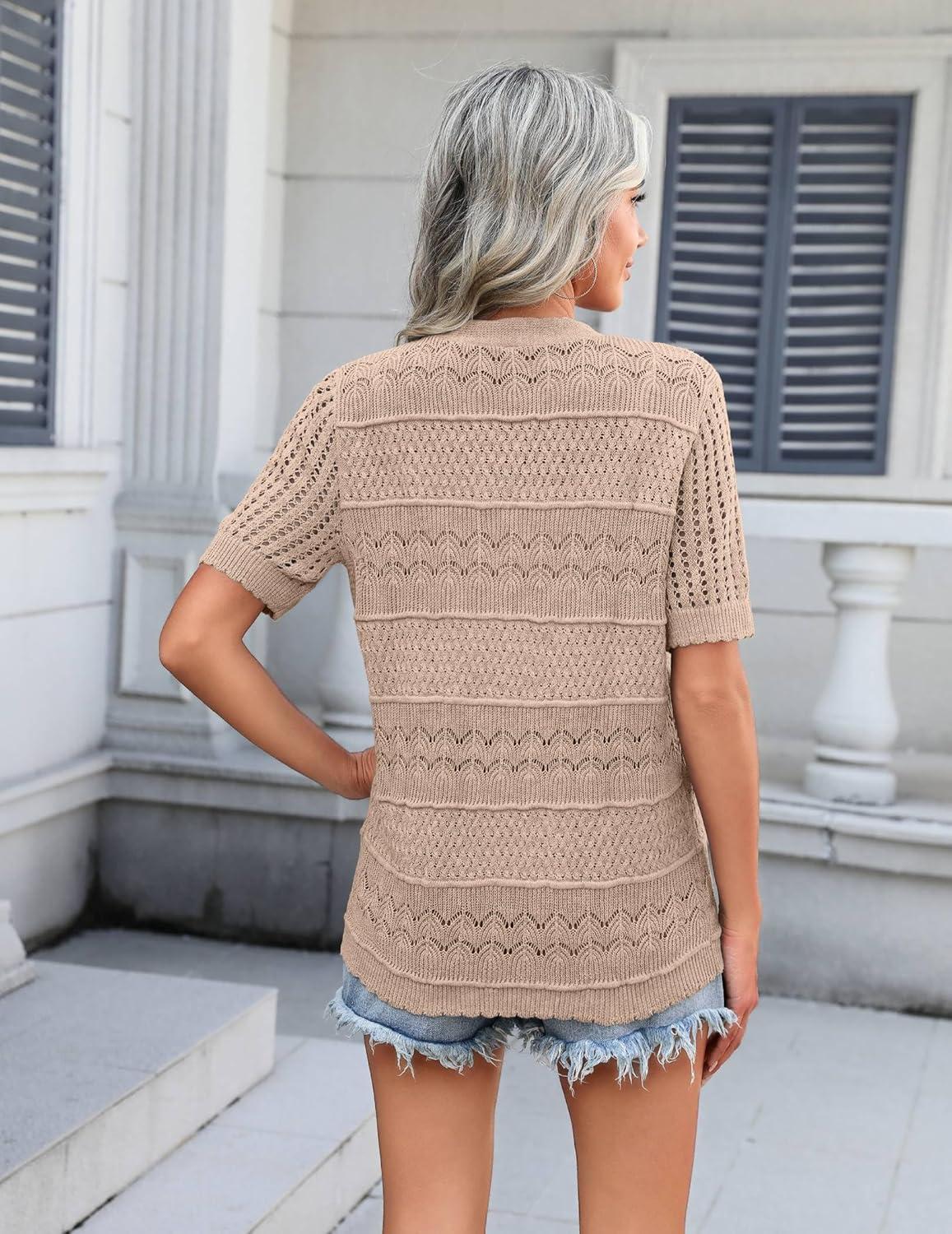 imageZeagoo Womens 2026 Summer Short Sleeve Crochet Cardigan V Neck Cropped Lightweight Button up Bolero Shrug SweaterCamel