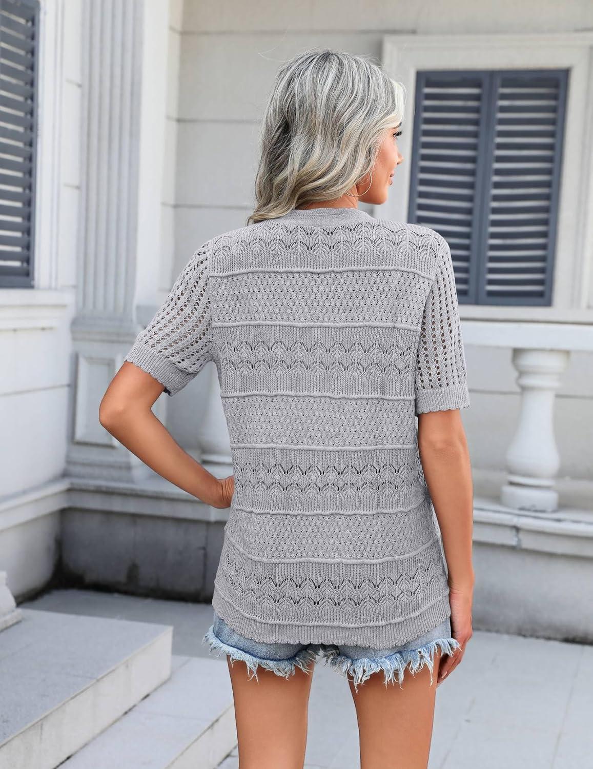 imageZeagoo Womens 2026 Summer Short Sleeve Crochet Cardigan V Neck Cropped Lightweight Button up Bolero Shrug SweaterGrey