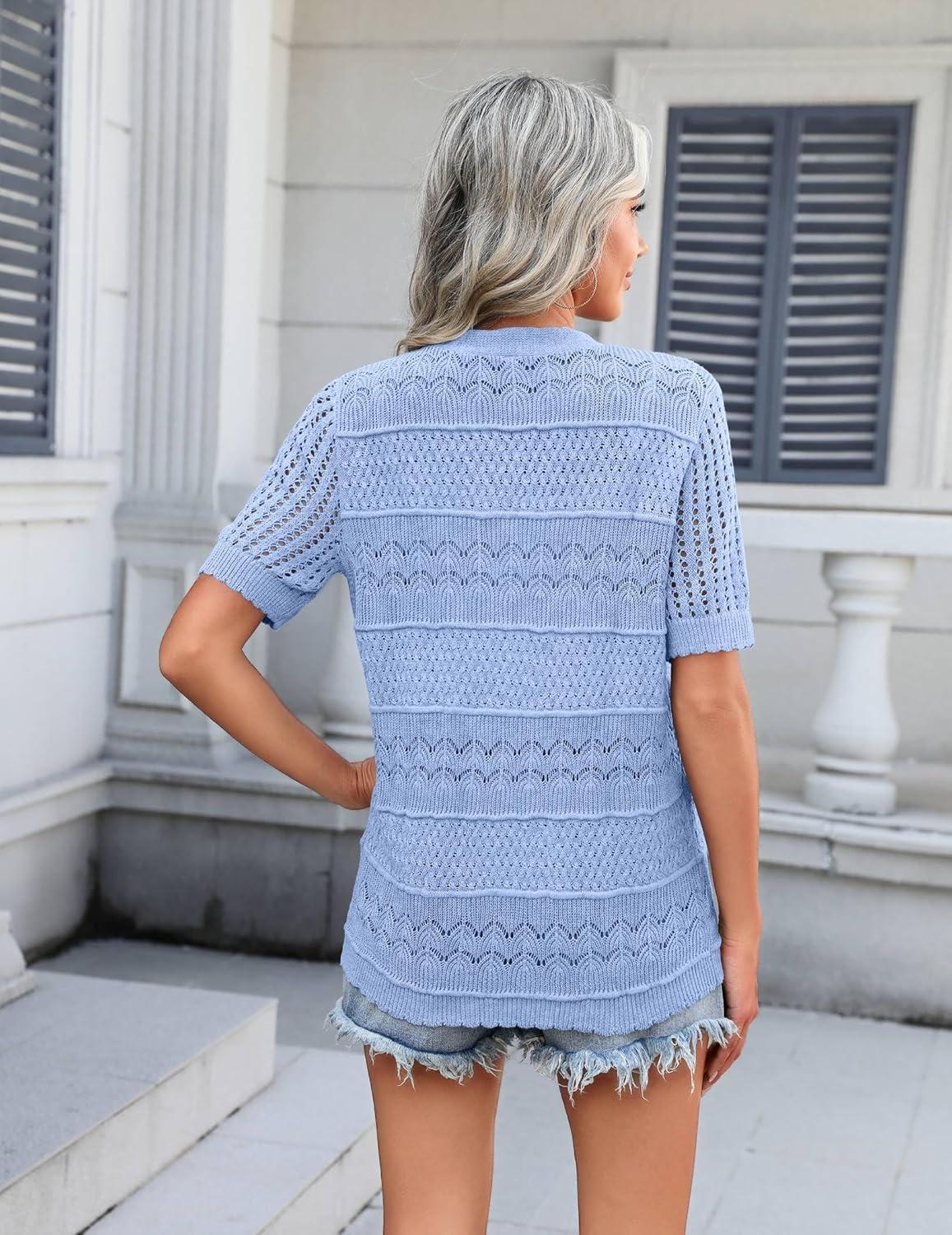 imageZeagoo Womens 2026 Summer Short Sleeve Crochet Cardigan V Neck Cropped Lightweight Button up Bolero Shrug SweaterLight Blue