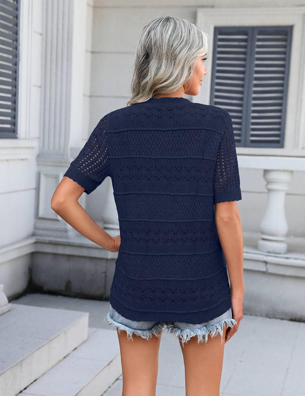 imageZeagoo Womens 2026 Summer Short Sleeve Crochet Cardigan V Neck Cropped Lightweight Button up Bolero Shrug SweaterNavy Blue