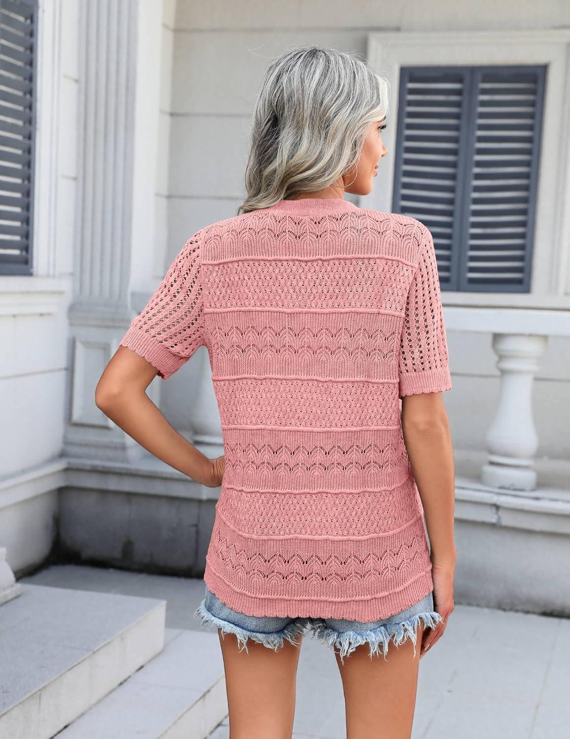 imageZeagoo Womens 2026 Summer Short Sleeve Crochet Cardigan V Neck Cropped Lightweight Button up Bolero Shrug SweaterPink