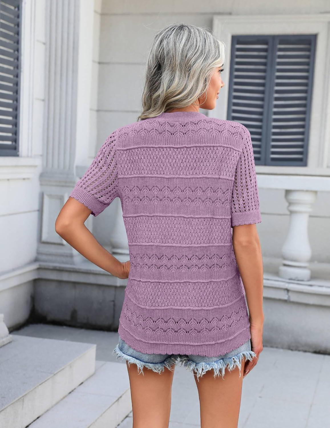 imageZeagoo Womens 2026 Summer Short Sleeve Crochet Cardigan V Neck Cropped Lightweight Button up Bolero Shrug SweaterPurple