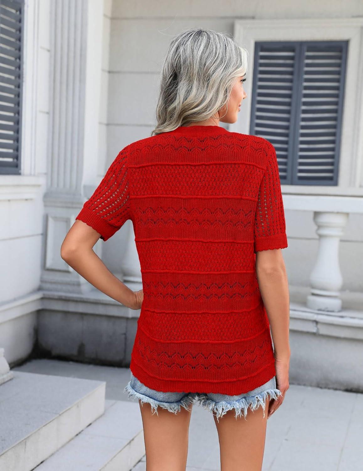 imageZeagoo Womens 2026 Summer Short Sleeve Crochet Cardigan V Neck Cropped Lightweight Button up Bolero Shrug SweaterRed