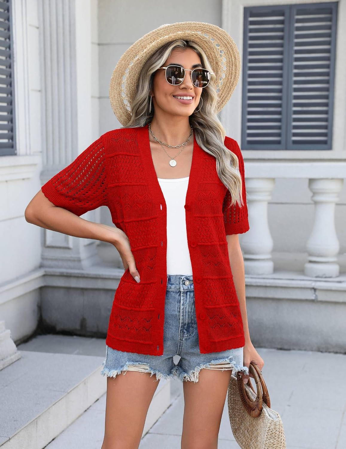 imageZeagoo Womens 2026 Summer Short Sleeve Crochet Cardigan V Neck Cropped Lightweight Button up Bolero Shrug SweaterRed