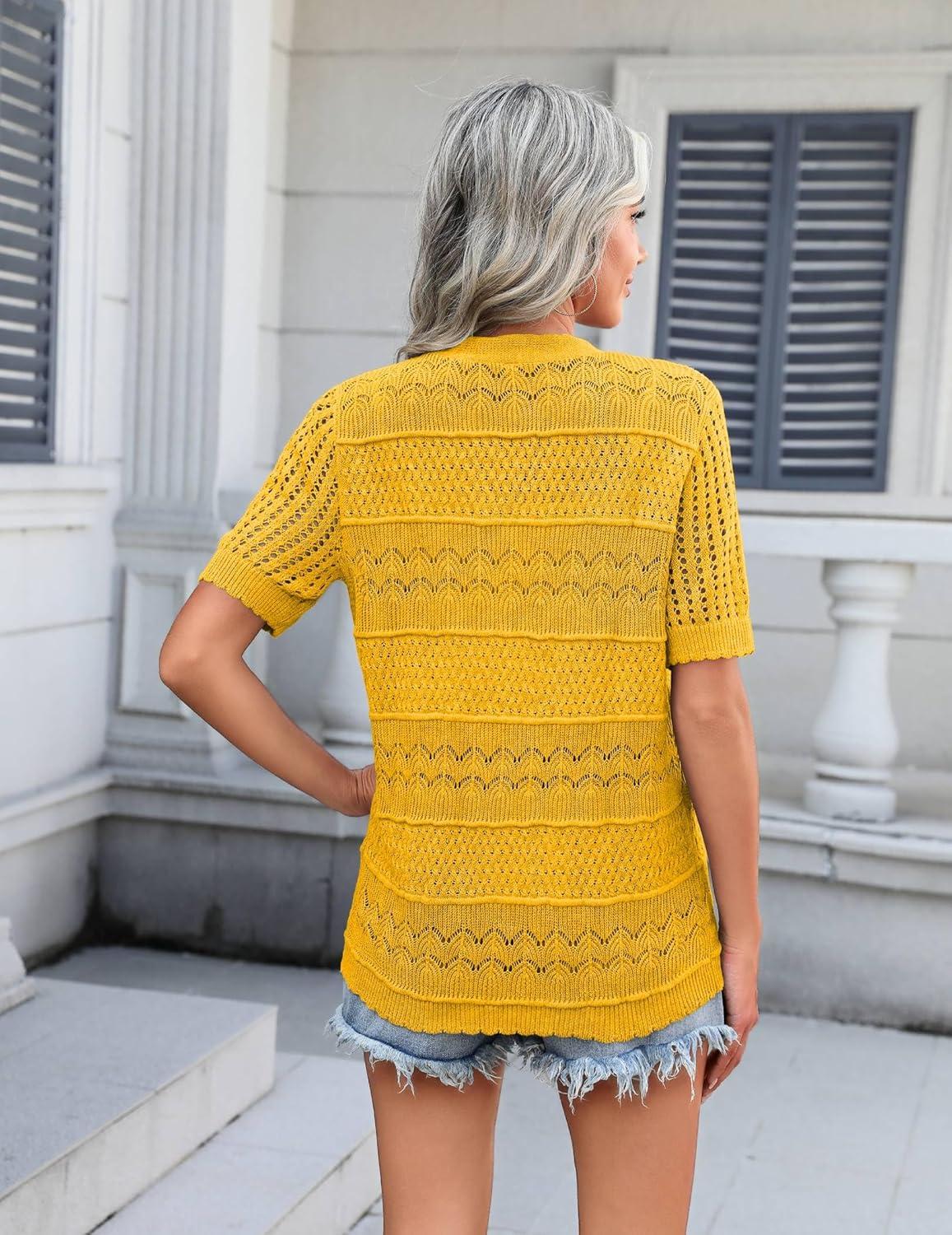 imageZeagoo Womens 2026 Summer Short Sleeve Crochet Cardigan V Neck Cropped Lightweight Button up Bolero Shrug SweaterYellow