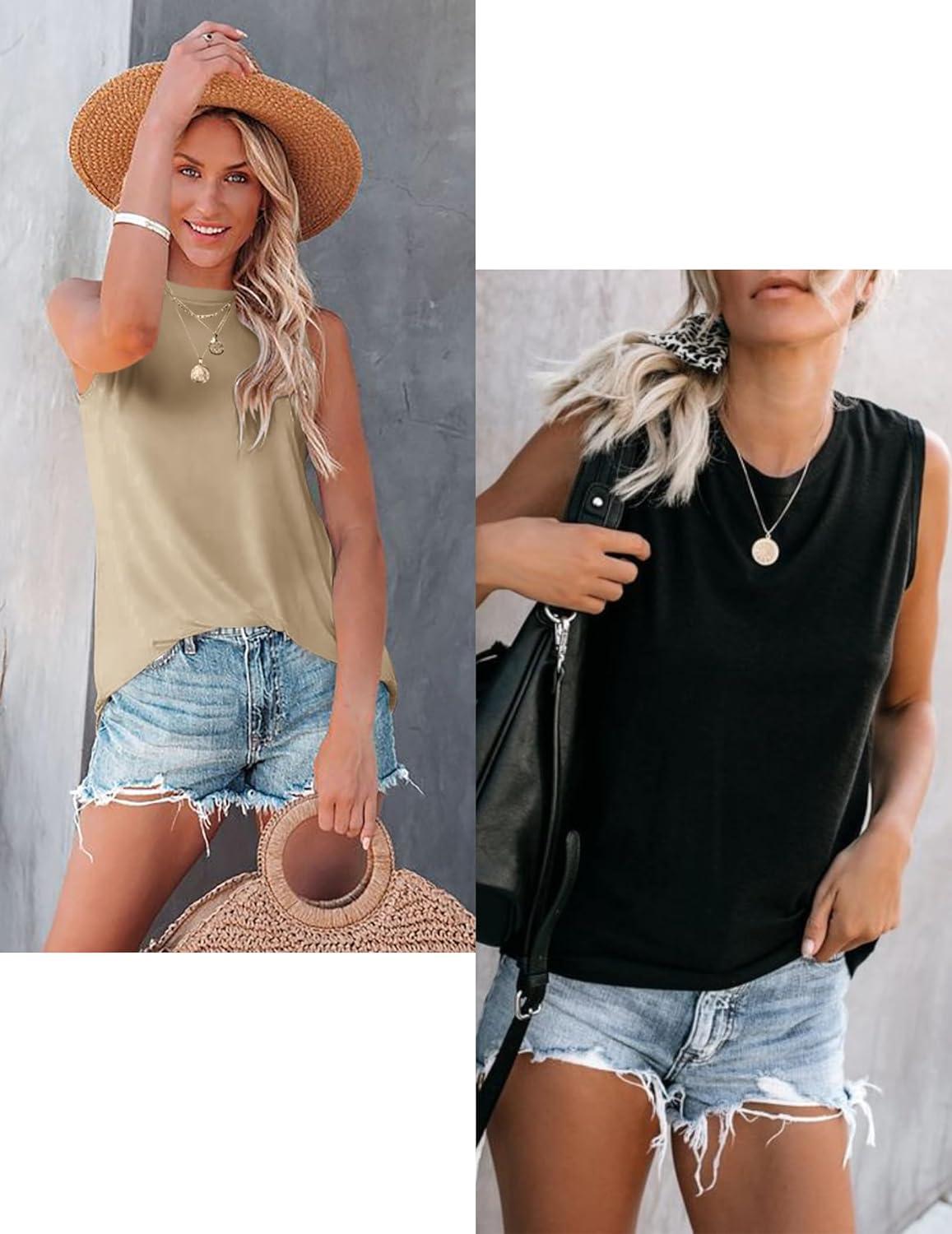 imageZeagoo Womens 2026 Tank Tops Casual Crewneck Sleeveless T Shirts Loose Fit Summer Tunic BlouseKhaki and Black