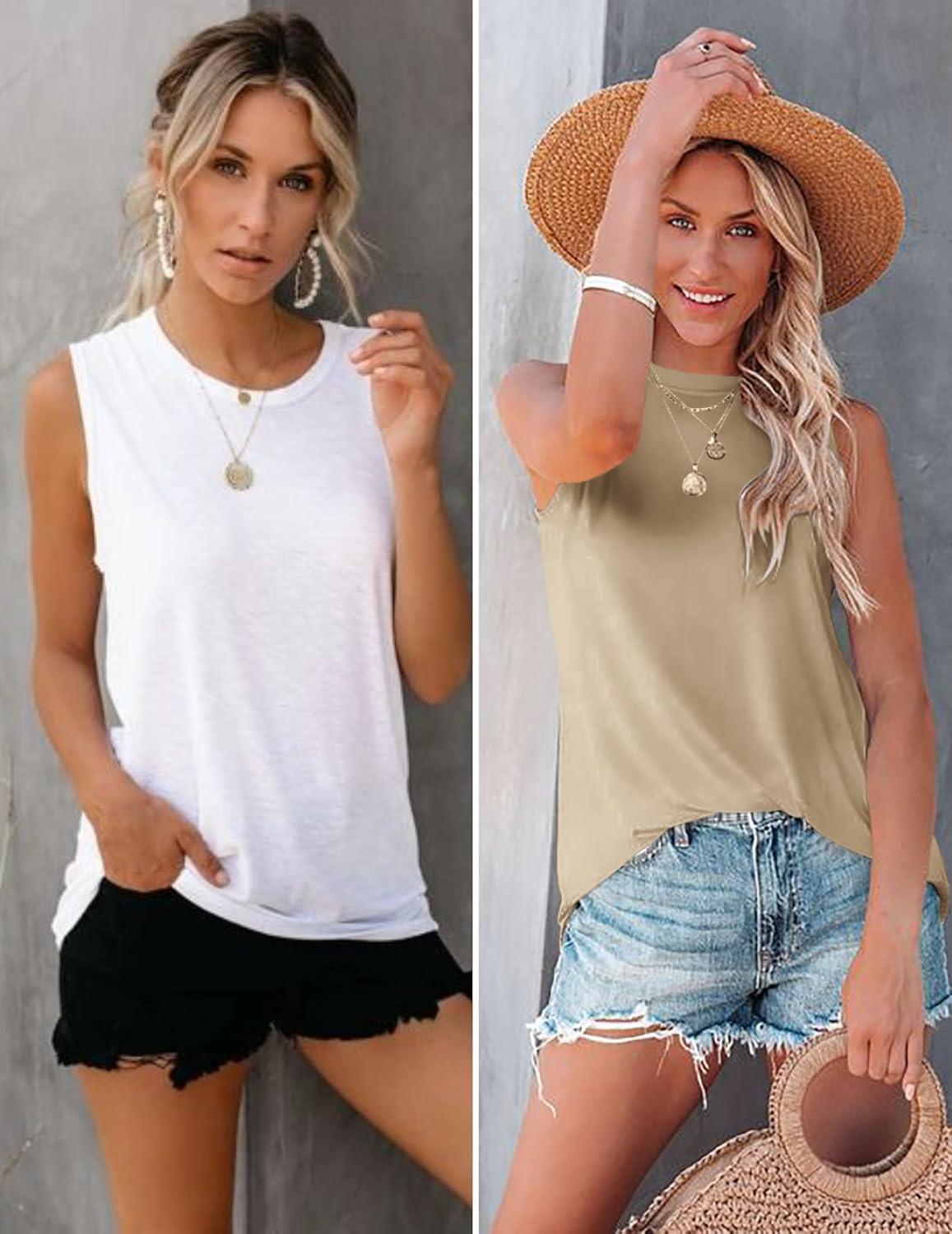 imageZeagoo Womens 2026 Tank Tops Casual Crewneck Sleeveless T Shirts Loose Fit Summer Tunic BlouseKhaki and White
