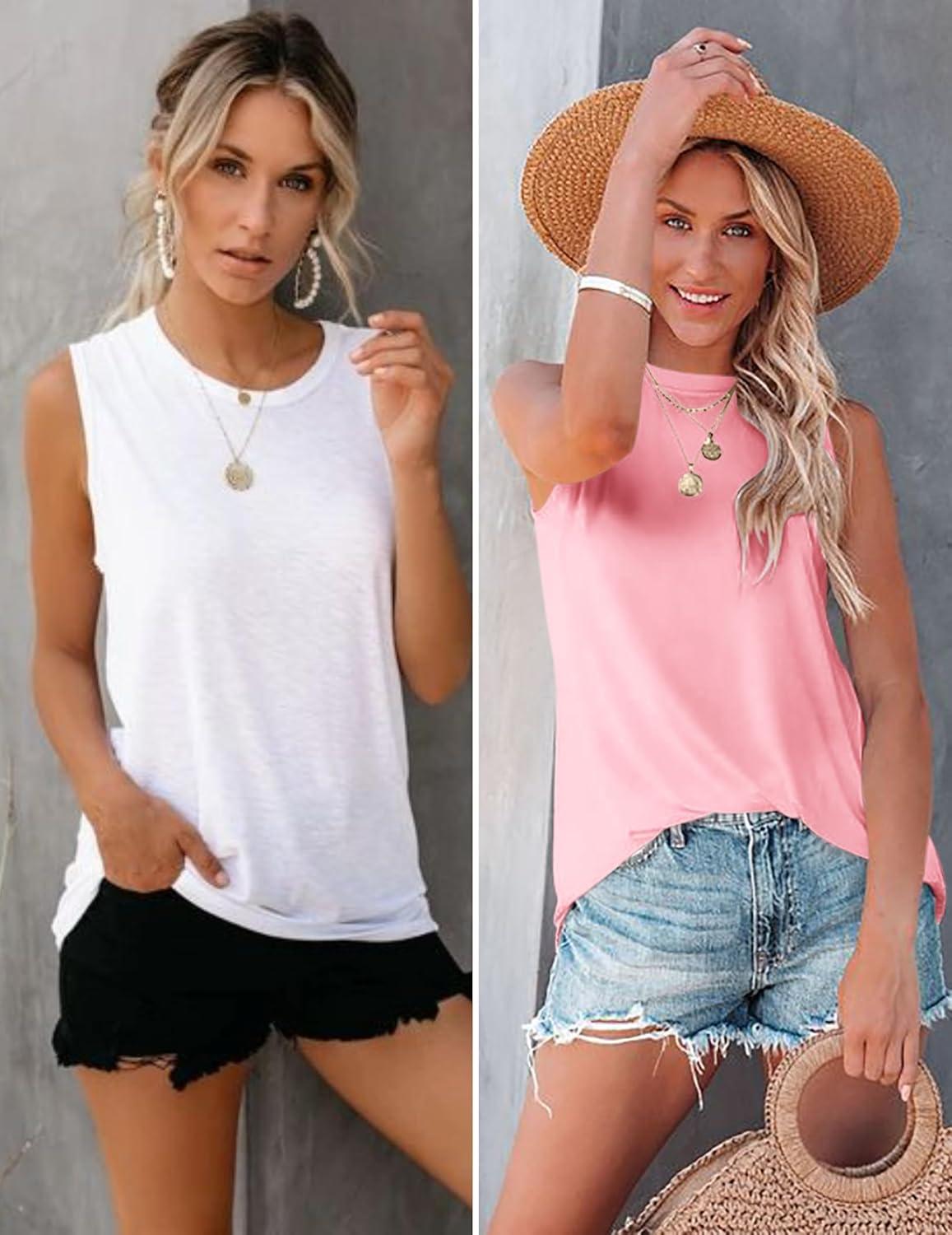 imageZeagoo Womens 2026 Tank Tops Casual Crewneck Sleeveless T Shirts Loose Fit Summer Tunic BlousePink and White