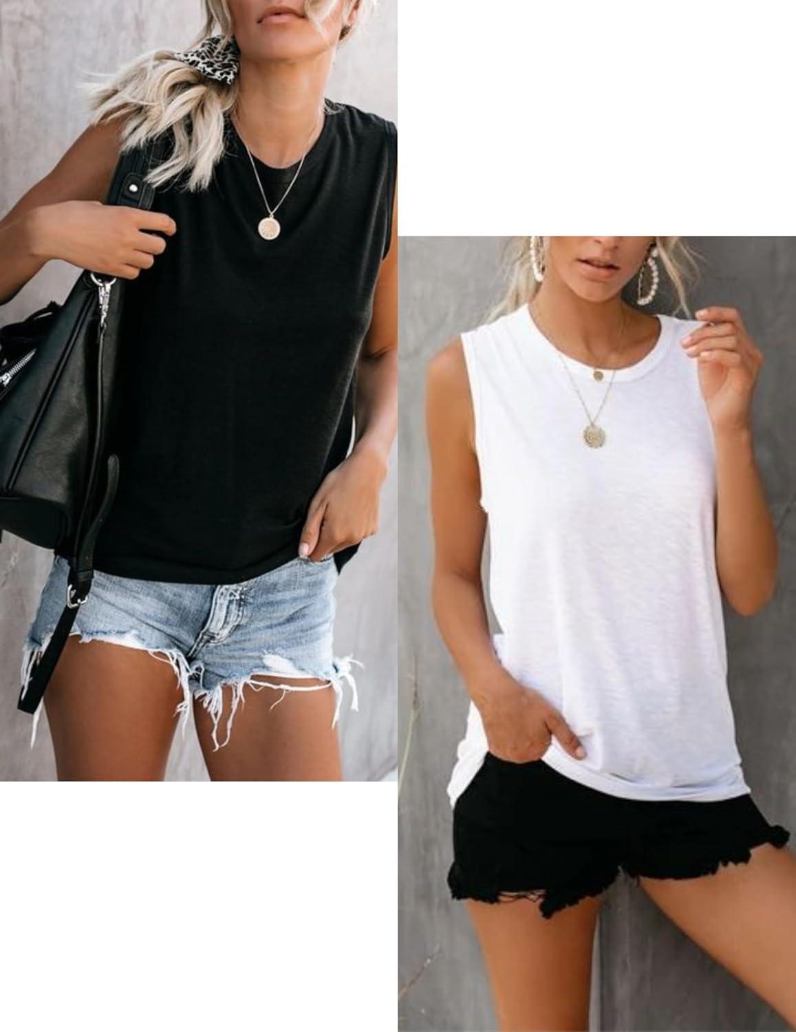 imageZeagoo Womens 2026 Tank Tops Casual Crewneck Sleeveless T Shirts Loose Fit Summer Tunic BlouseWhite and Black