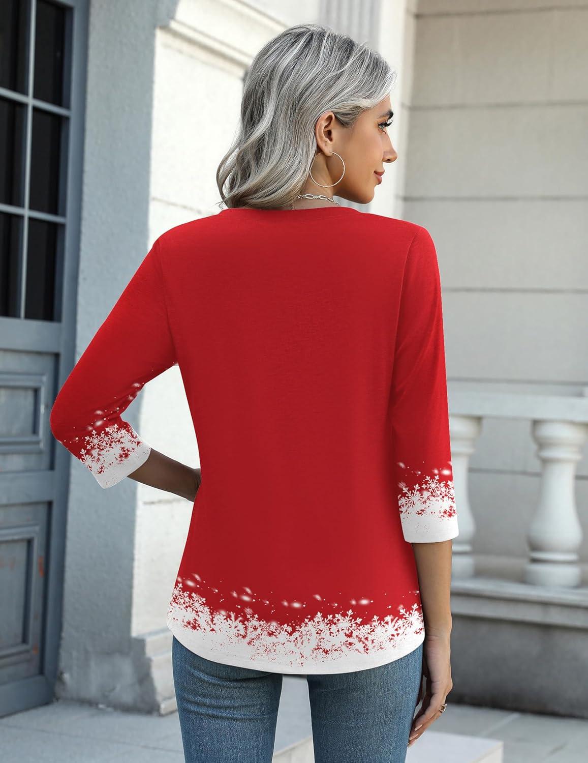 imageZeagoo Womens Blouse Casual 34 Length Sleeve V Neck Basic TShirts Spring Summer Cute Tunic Tops Business Work TeesChristmas Redsd489