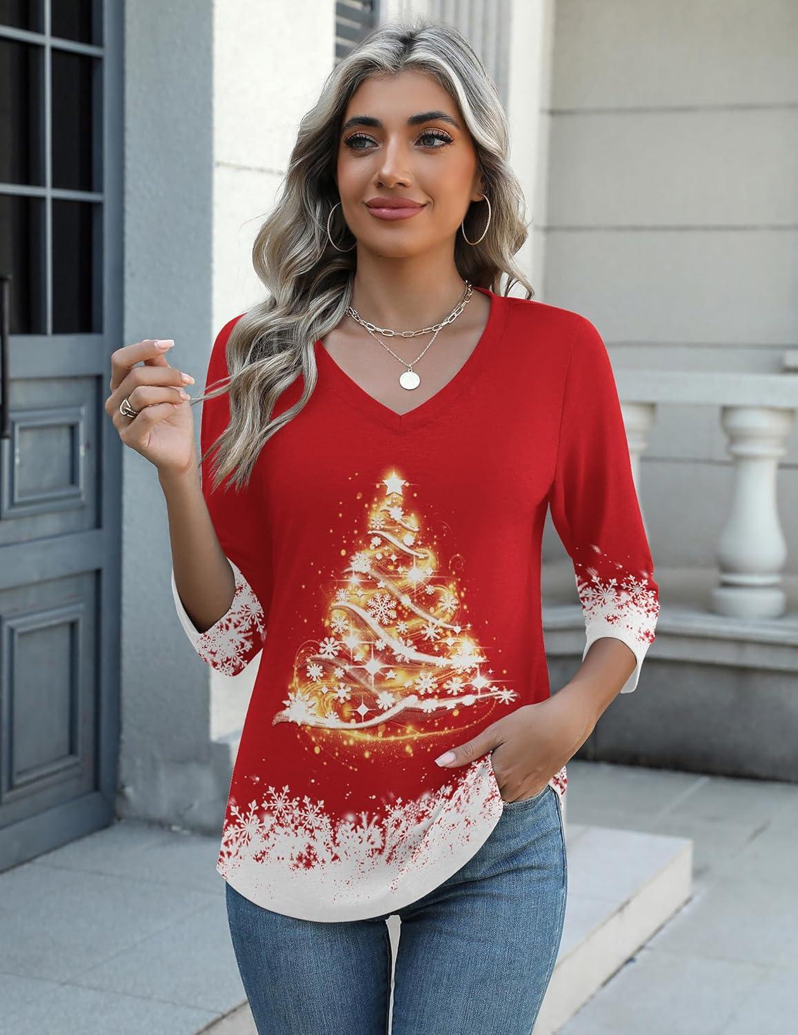imageZeagoo Womens Blouse Casual 34 Length Sleeve V Neck Basic TShirts Spring Summer Cute Tunic Tops Business Work TeesChristmas Redsd489