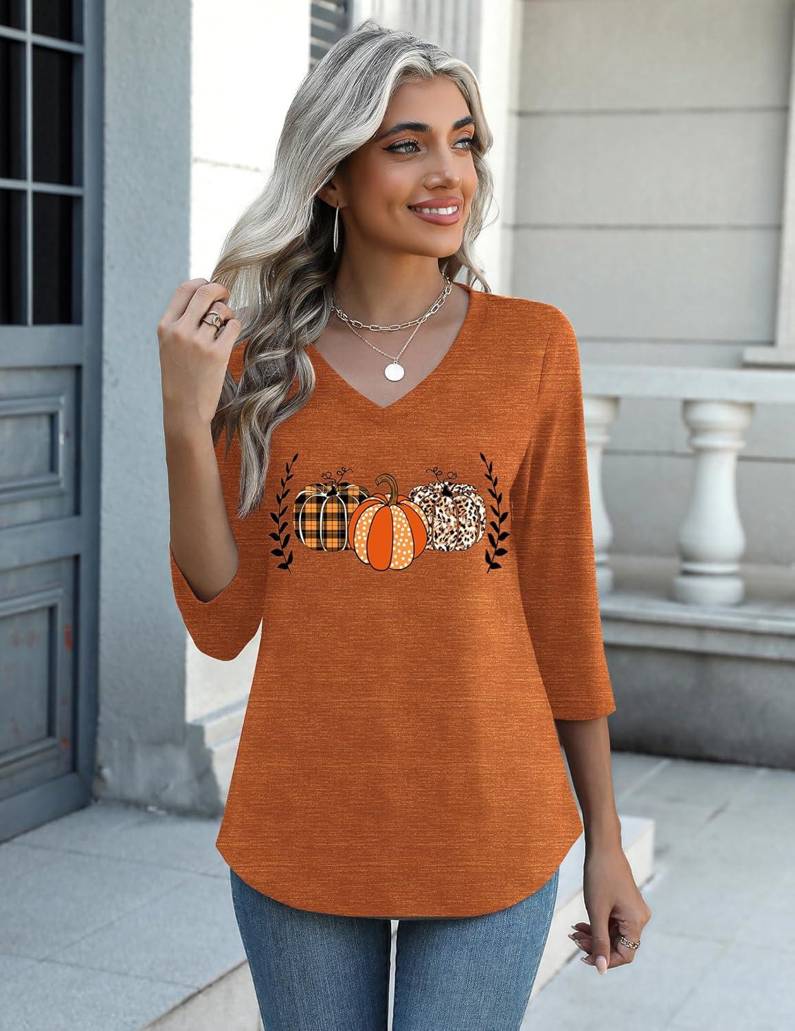 imageZeagoo Womens Blouse Casual 34 Length Sleeve V Neck Basic TShirts Spring Summer Cute Tunic Tops Business Work TeesPumpkinws86