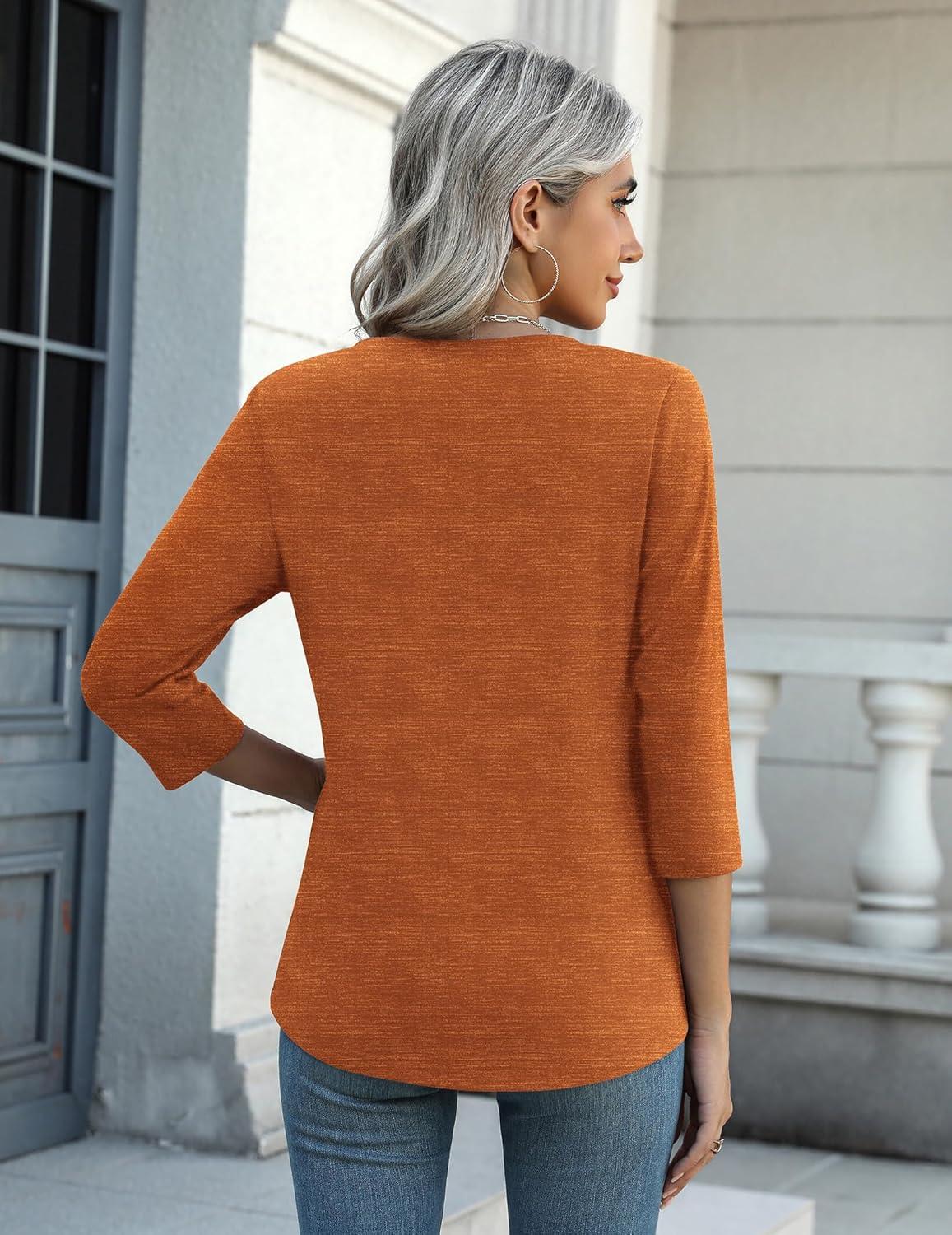 imageZeagoo Womens Blouse Casual 34 Length Sleeve V Neck Basic TShirts Spring Summer Cute Tunic Tops Business Work TeesPumpkinws86