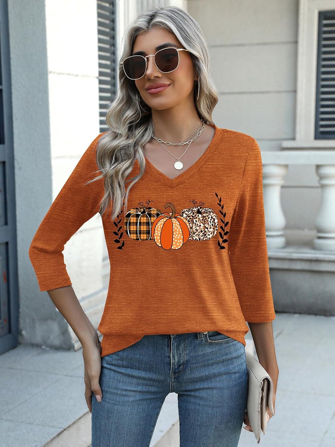 imageZeagoo Womens Blouse Casual 34 Length Sleeve V Neck Basic TShirts Spring Summer Cute Tunic Tops Business Work TeesPumpkinws86