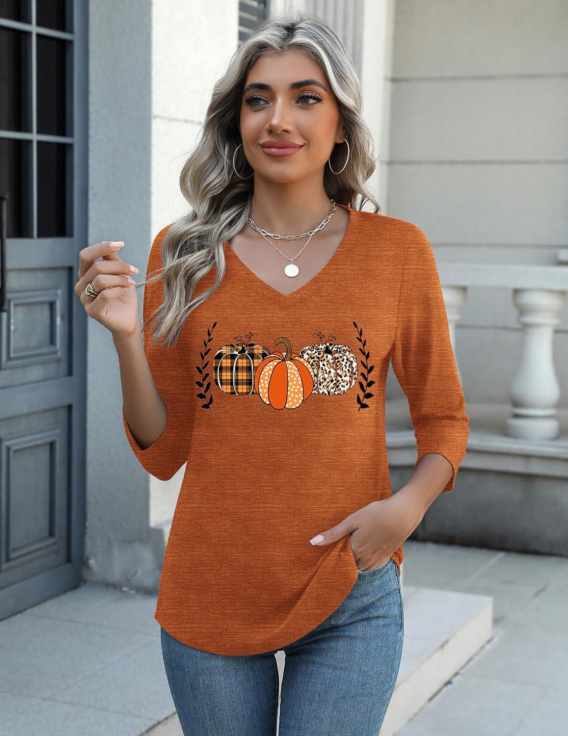 imageZeagoo Womens Blouse Casual 34 Length Sleeve V Neck Basic TShirts Spring Summer Cute Tunic Tops Business Work TeesPumpkinws86