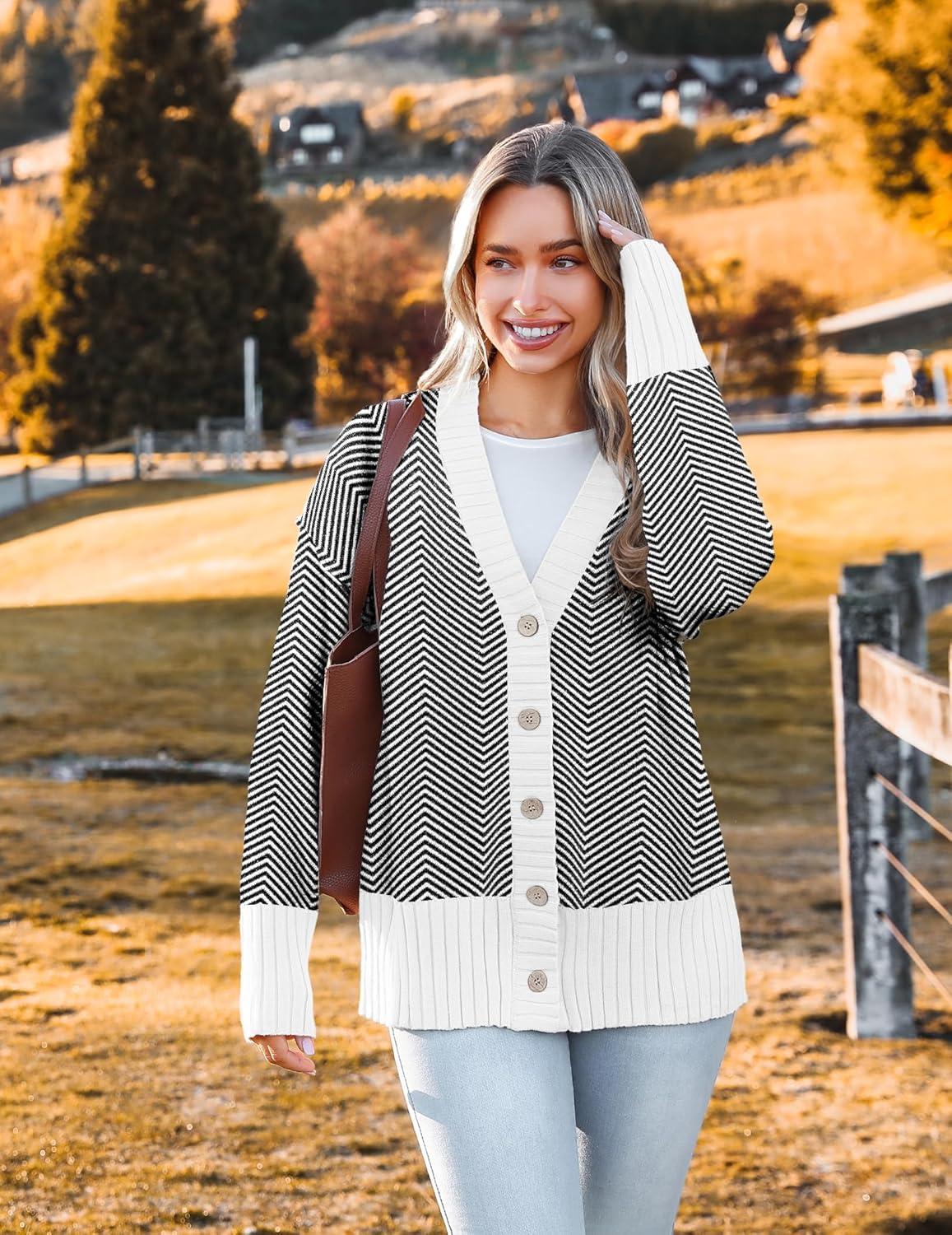 imageZeagoo Womens Cardigan 2025 Fall Winter Open Front Oversized Button V Neck Loose Soft Knit SweaterBlack Stripe