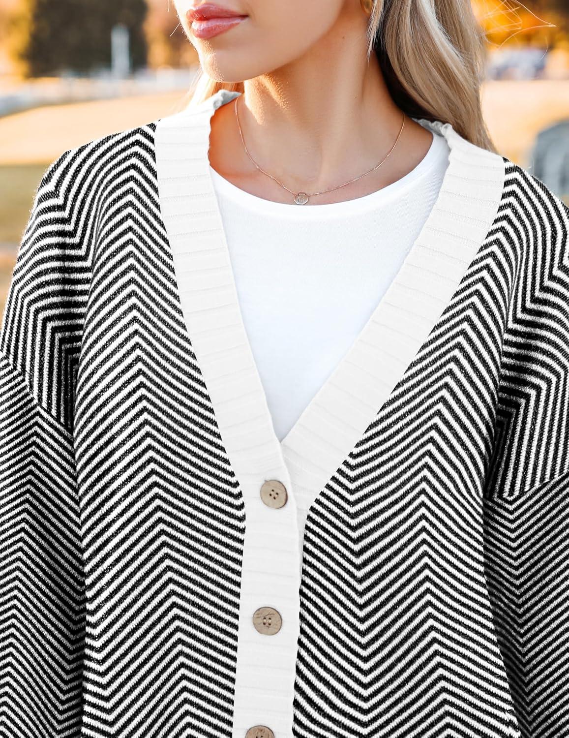 imageZeagoo Womens Cardigan 2025 Fall Winter Open Front Oversized Button V Neck Loose Soft Knit SweaterBlack Stripe