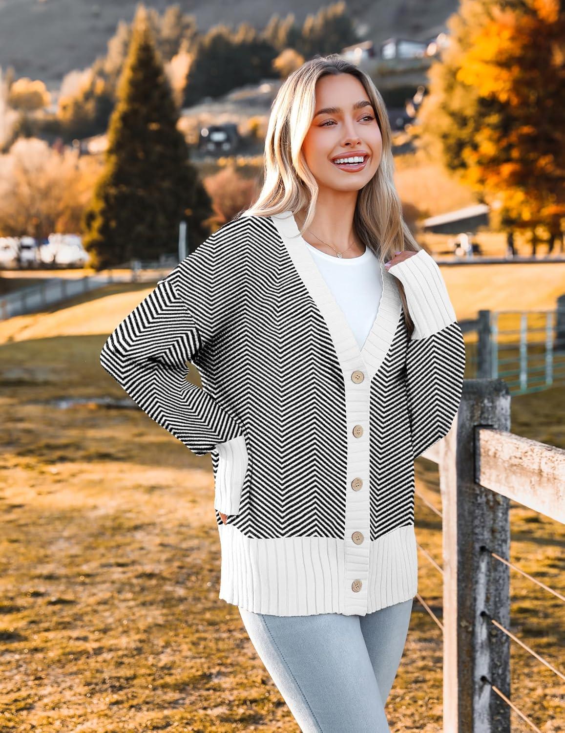 imageZeagoo Womens Cardigan 2025 Fall Winter Open Front Oversized Button V Neck Loose Soft Knit SweaterBlack Stripe