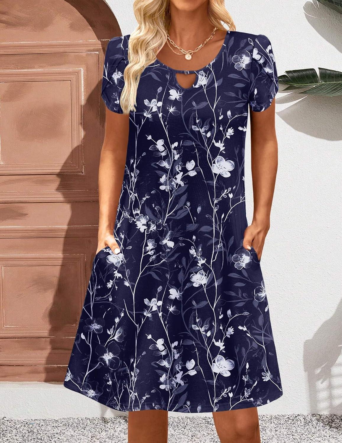imageZeagoo Womens Casual ALine Dresses with Pockets Summer Floral Tshirt Dress Short Sleeve Mini Dress Flowy SundressesBlue Floral Printed2